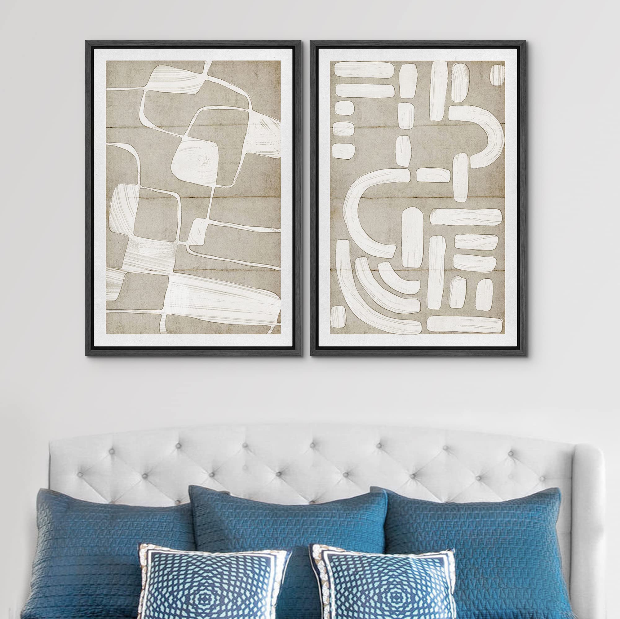 SIGNWIN Framed Canvas Print Wall Art Set White Tan Geometric Polygons Abstract Shapes Illustrations Minimalism Decorative Bohemian Relax/Zen for Living Room  Bedroom  Office - 16''x24''x2 Black