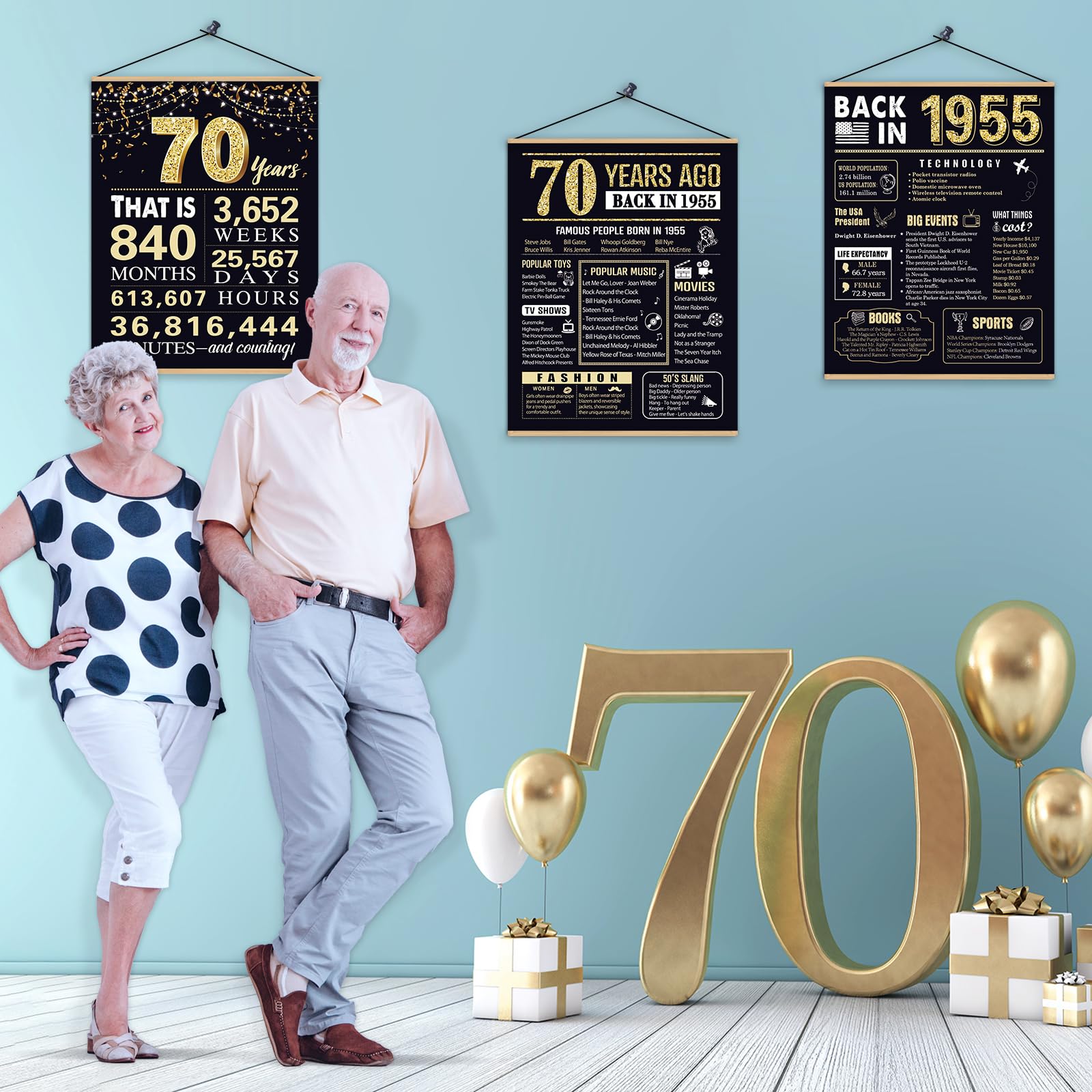 70 Years Ago 70th Birthday Wedding Anniversary Poster 3 Pieces 11 x 14 50s Party Decorations Supplies Large Sign Home Decor Black & Gold Wall Art Prints for Men and Women (Back in 1954-70 Years)