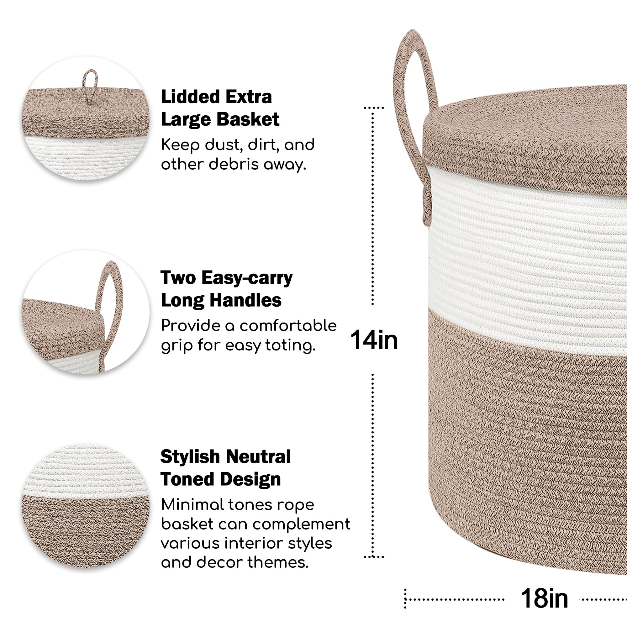 Honcesta 18'' X 14'' Large Storage Basket With Lid, Blanket Basket Living Room, Woven Cotton Rope Baskets For Storage, Kids Toy