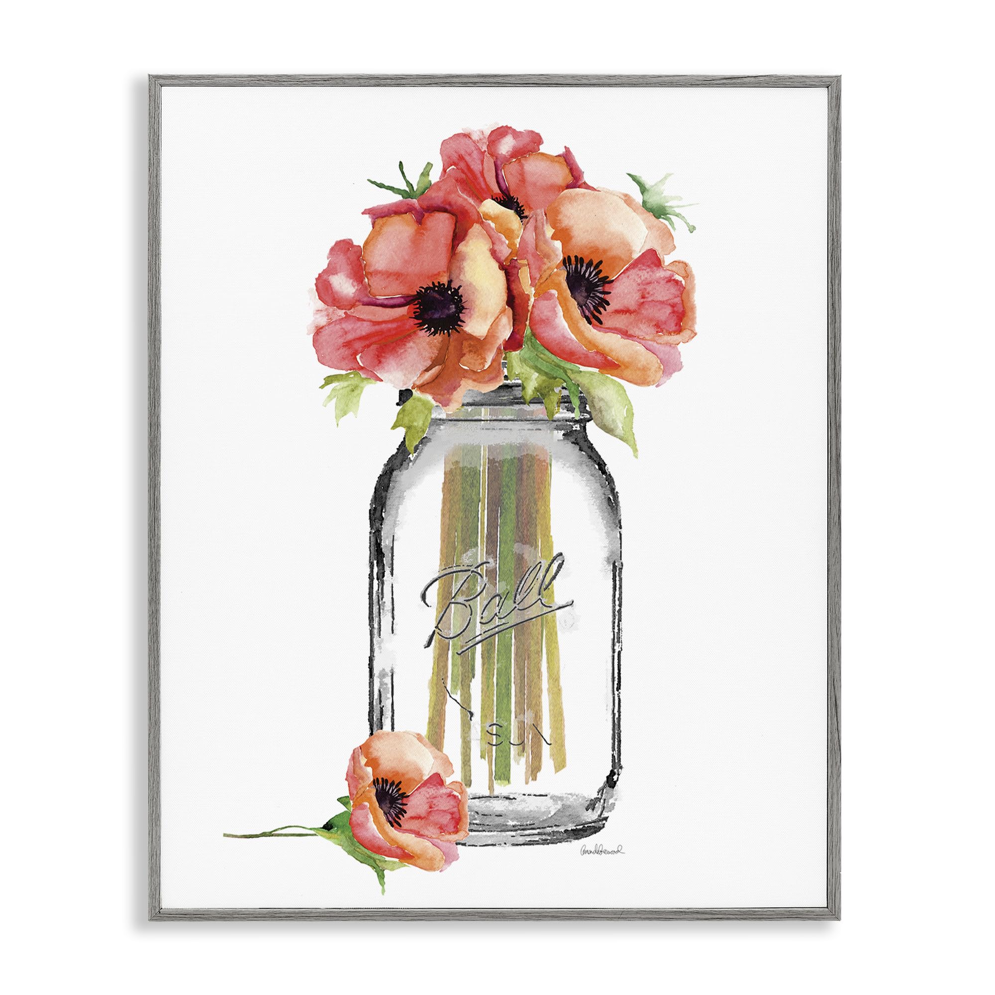 Stupell Industries Mason Jar Poppies, Framed Giclee Art, Gray, 16 x 20 Inches, Easy to Hang and Sturdy, Made in USA, by Amanda