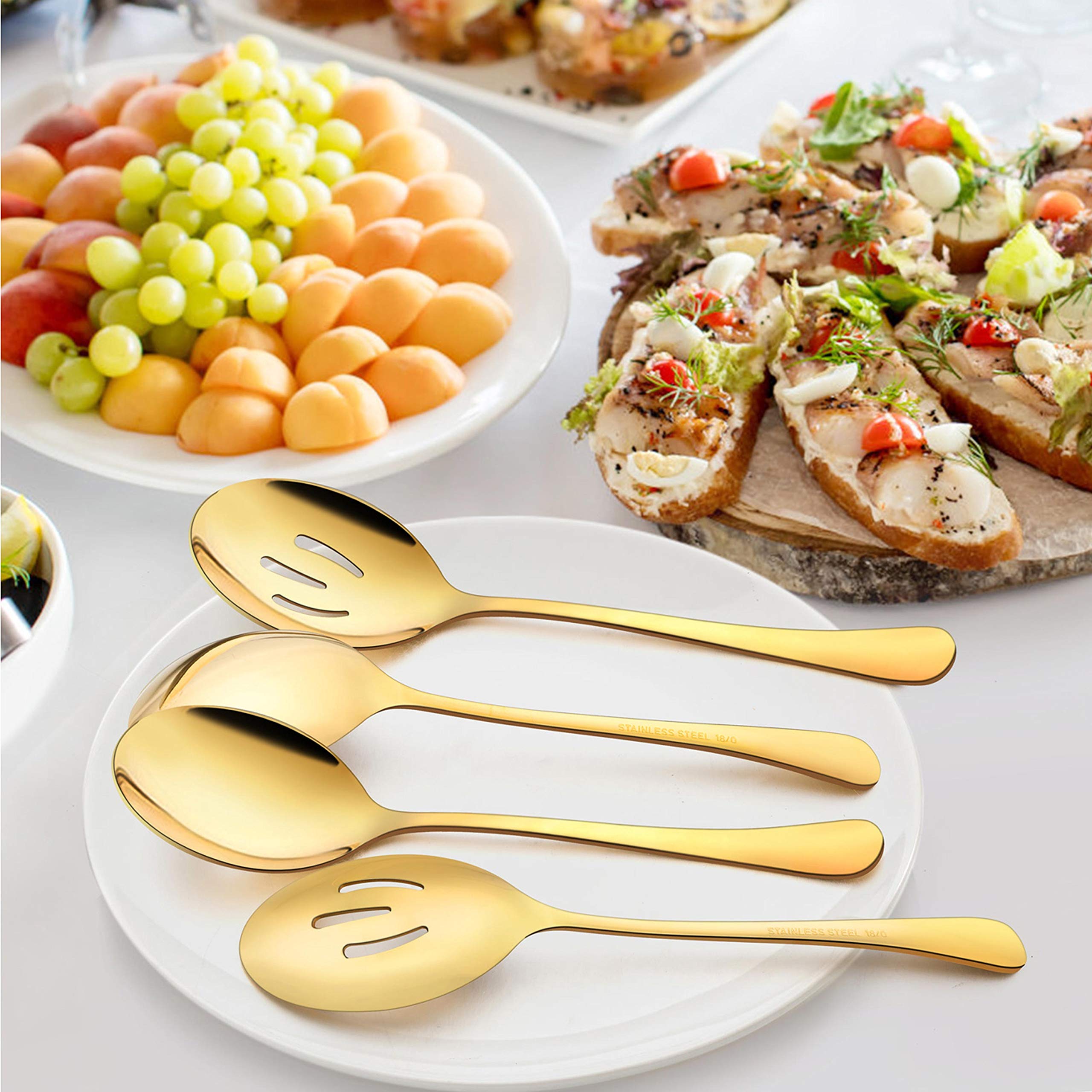 Lianyu 6 Pack Large Gold Serving Spoons Set, 3 Gold Serving Spoons, 3 Gold Slotted Serving Spoons, 9.8Inch Stainless Steel Servi