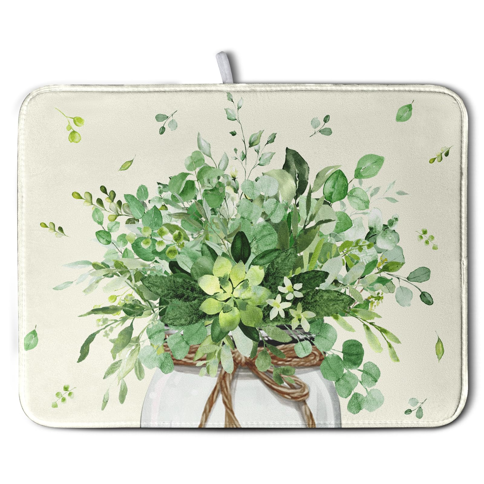 Spring Sage Green Leaves Dish Drying Mat for Kitchen Counter Eucalyptus Leaf Floral Mason Jar Dishes Drainer Mats Absorbent Micr