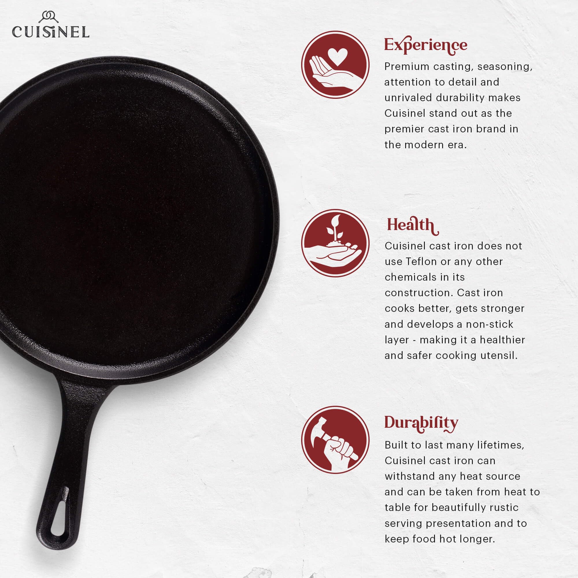 Cuisinel Cast Iron Round Griddle - 10.5'' Crepe Maker Pan + Silicone Handle Cover - Pre-Seasoned Comal For Tortillas Flat Skille