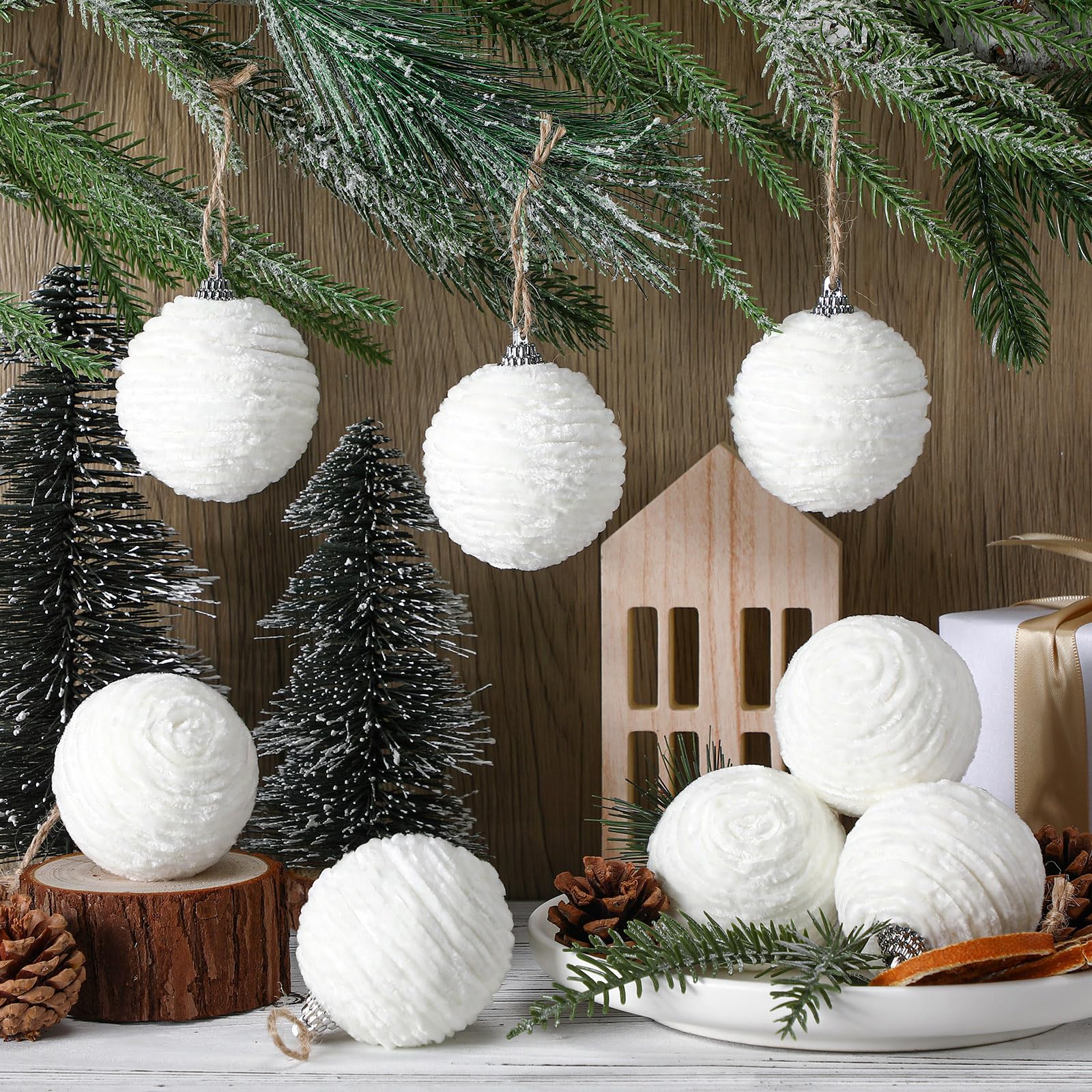 Hungdao 9 Pcs White Christmas Ornaments Velvet Ball Flocked Chenille Christmas Tree Ball Ornaments Decorative Xmas Hanging Decor
