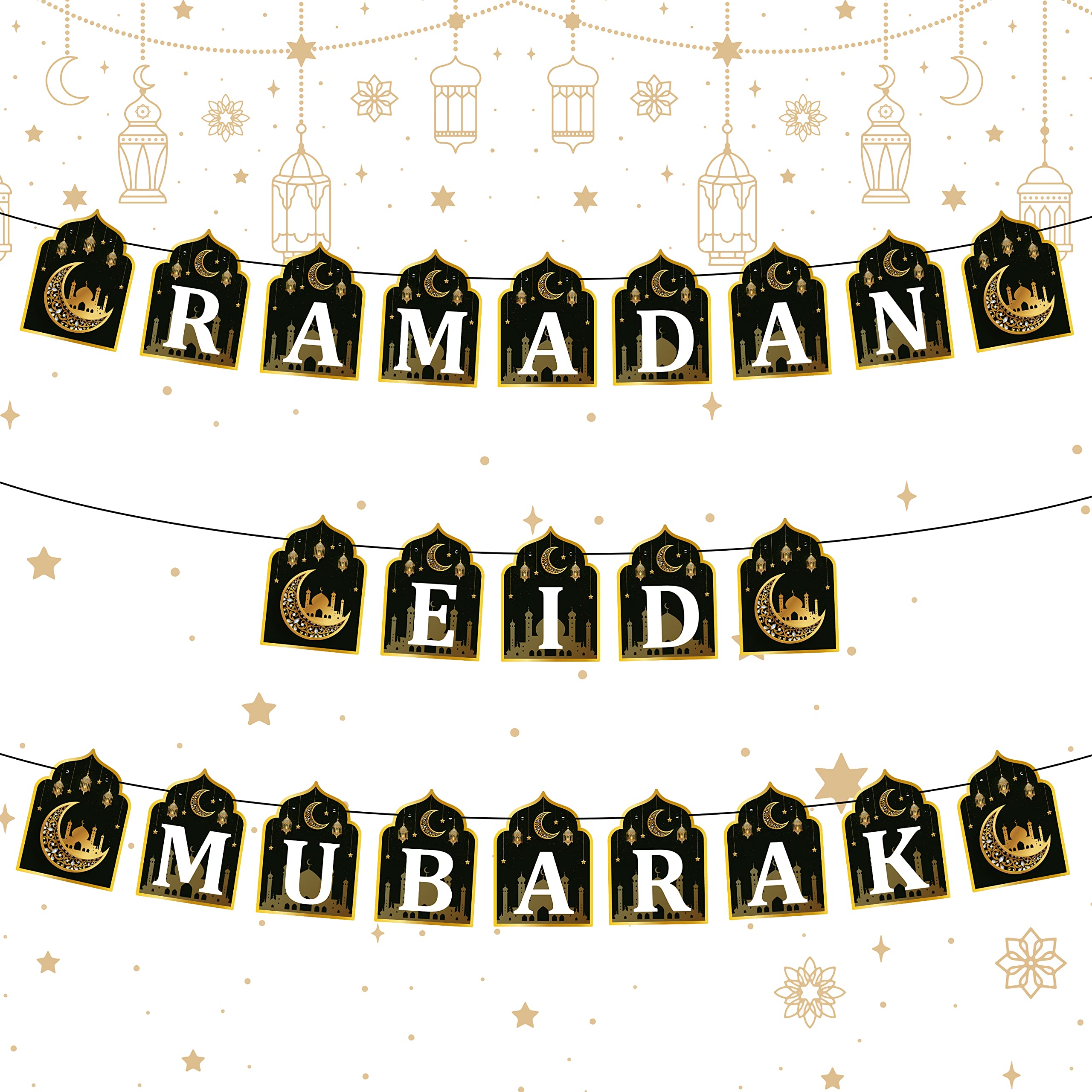 Watinc 2 In 1 Ramadan Banner Eid Mubarak Decoration, Ramadan Kareem Hanging Banners Decor, No Diy Needed Eid Al-Fitr Iftar Party