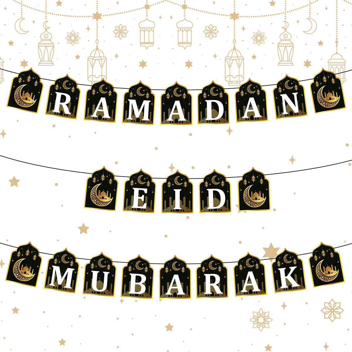 Watinc 2 In 1 Ramadan Banner Eid Mubarak Decoration, Ramadan Kareem Hanging Banners Decor, No Diy Needed Eid Al-Fitr Iftar Party