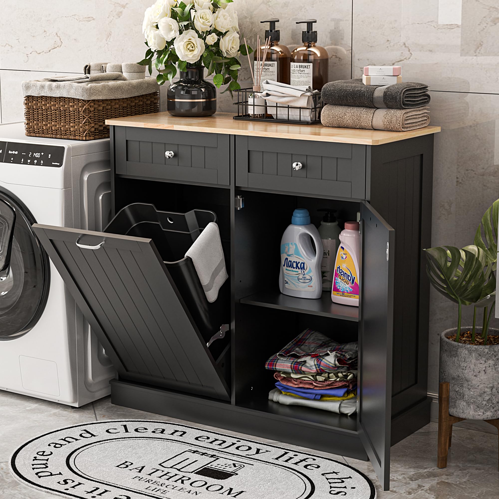 Spurgehom Dual Door Trash Cabinet Kitchen Waste Bins,Laundry Hamper Tilt Out Trash Can Cabinet,13 Gallon Pet Proof Trash Can For