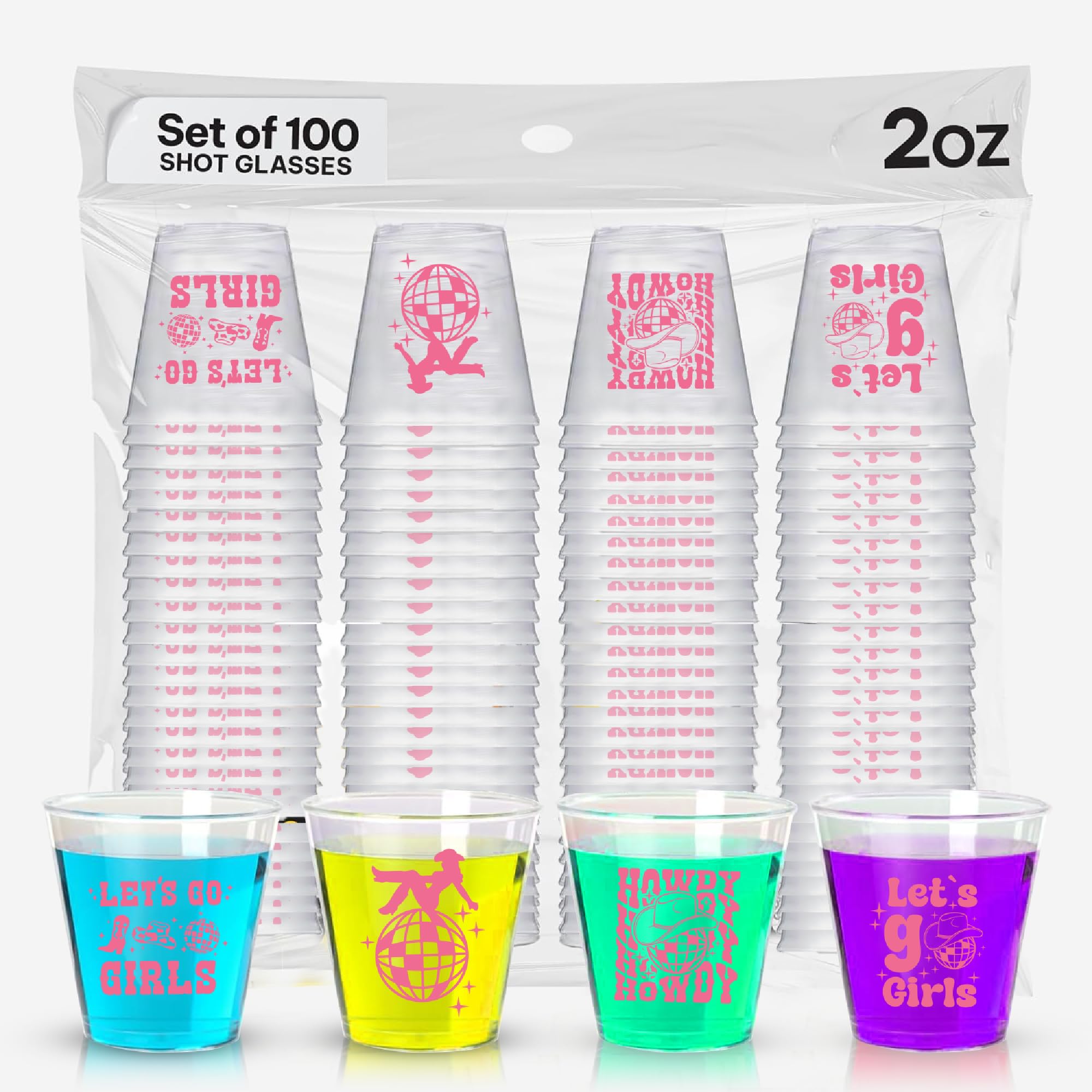 100 Pcs Disco Cowgirl Bachelorette Shot Glasses - 2 Oz Disposable Shot Glasses For Disco Cowgirl Party Decorations - Clear Plast