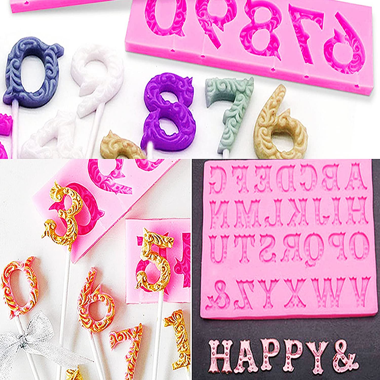 Silicone Fondant Molds, Aimeiki 3 Pack 3D Silicone Number 0-9 Alphabet A-Z Embossed Fondant Chocolate Baking Molds For Decoratin