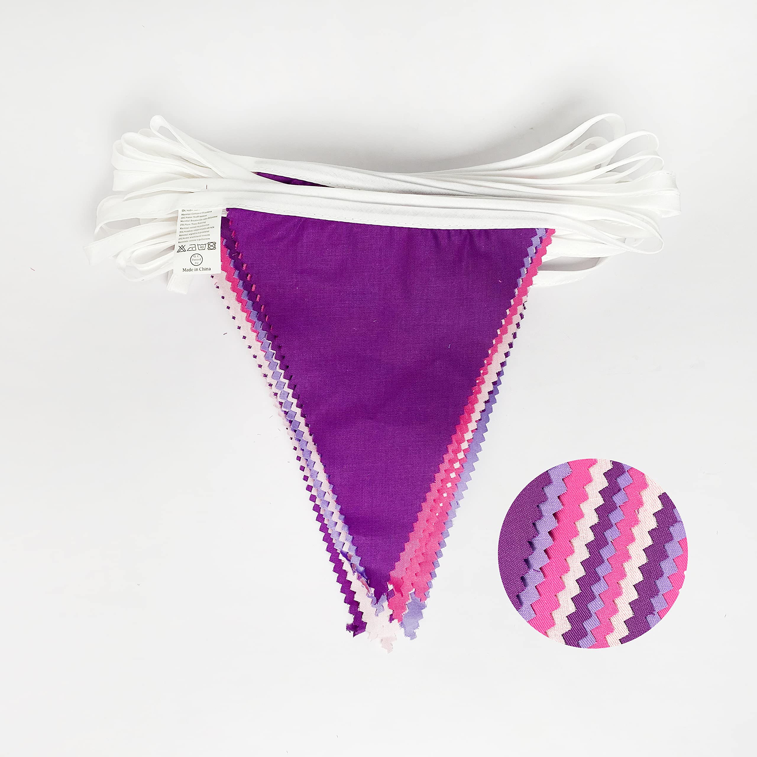 10M/32Ft Rose Pink Purple White Pennant Banner Fabric Triangle Flag Cotton Bunting Garland for Unicorn Birthday Wedding Anniversary Party Home Nursery Outdoor Garden Hanging Festivals Decoration