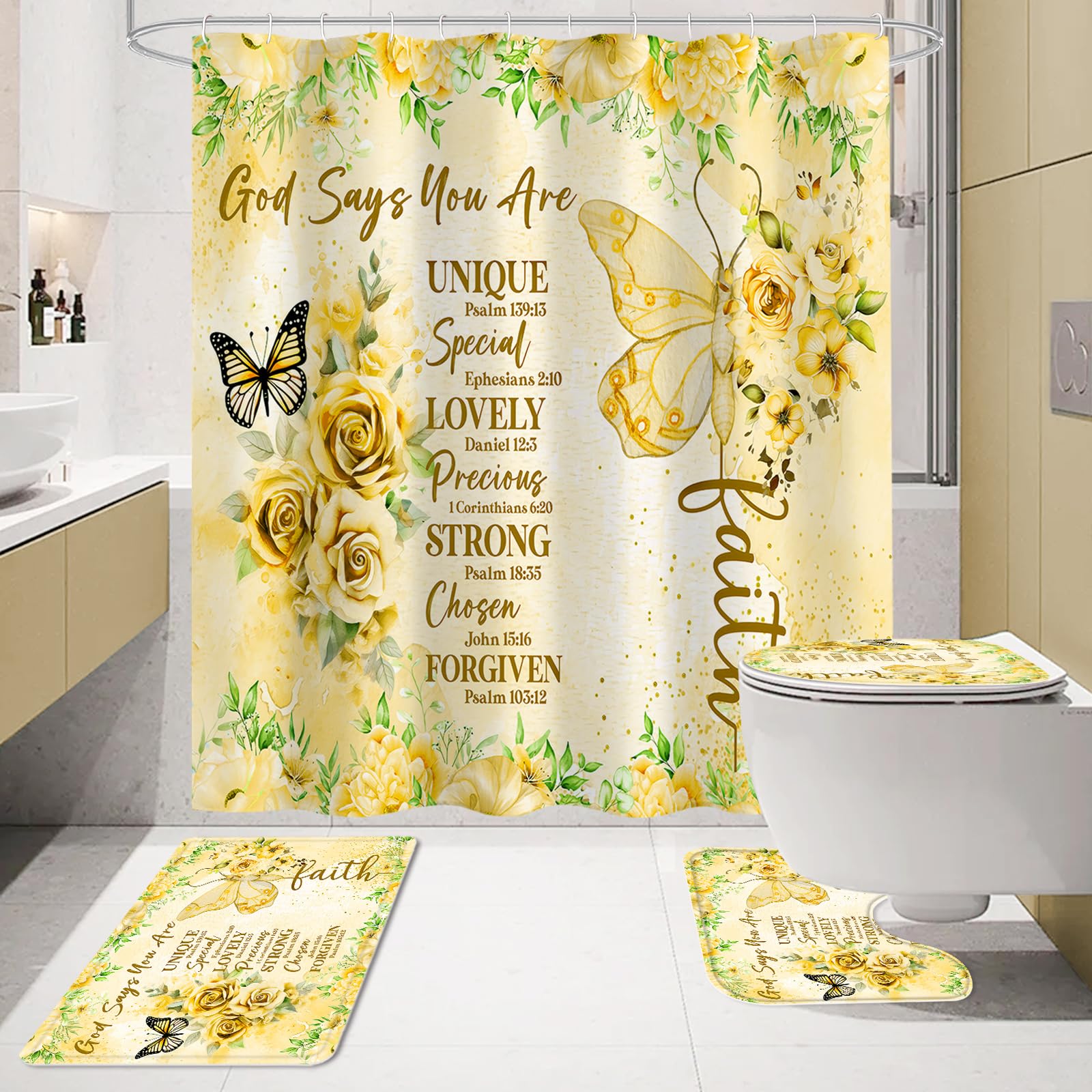 Litabel 4 Pcs Yellow Butterfly Inspirational Quotes Shower Curtain Set With Rugs And Toilet Lid Cover, Colorful Boho Waterproof