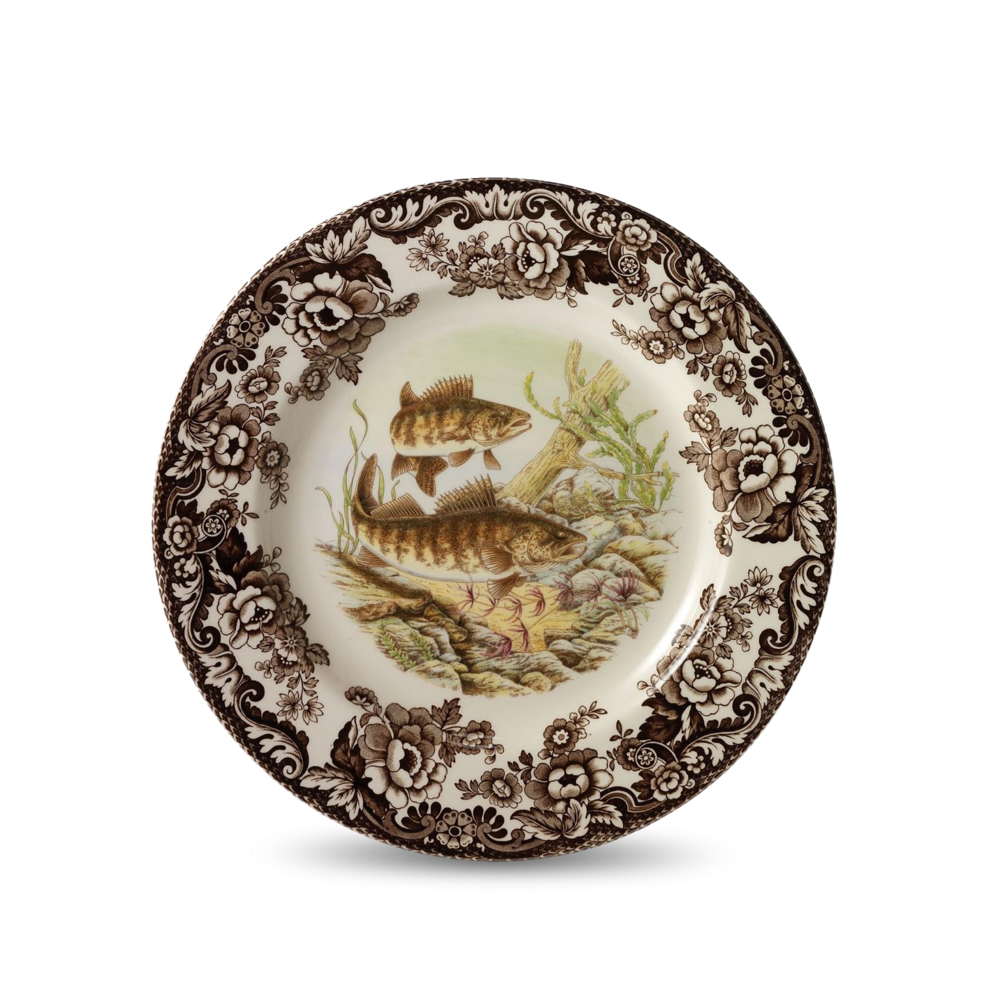 Spode Woodland Walleye Dinner Plate - British Wildlife Fish Design with Traditional Floral Border, 10.5 Fine Earthenware Tablewa