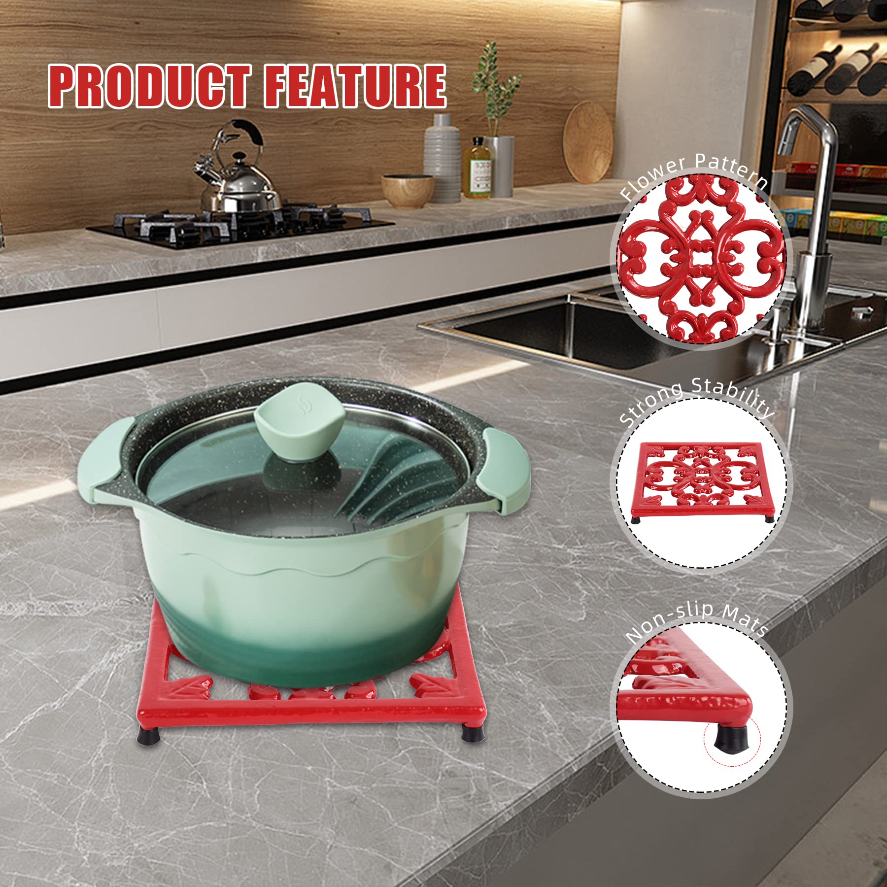 Minluful Vintage Trivet For Hot Dishes, 7 Inch Square Cast Iron Trivet For Hot Pots & Pans For Kitchen Countertop Heat Resistant