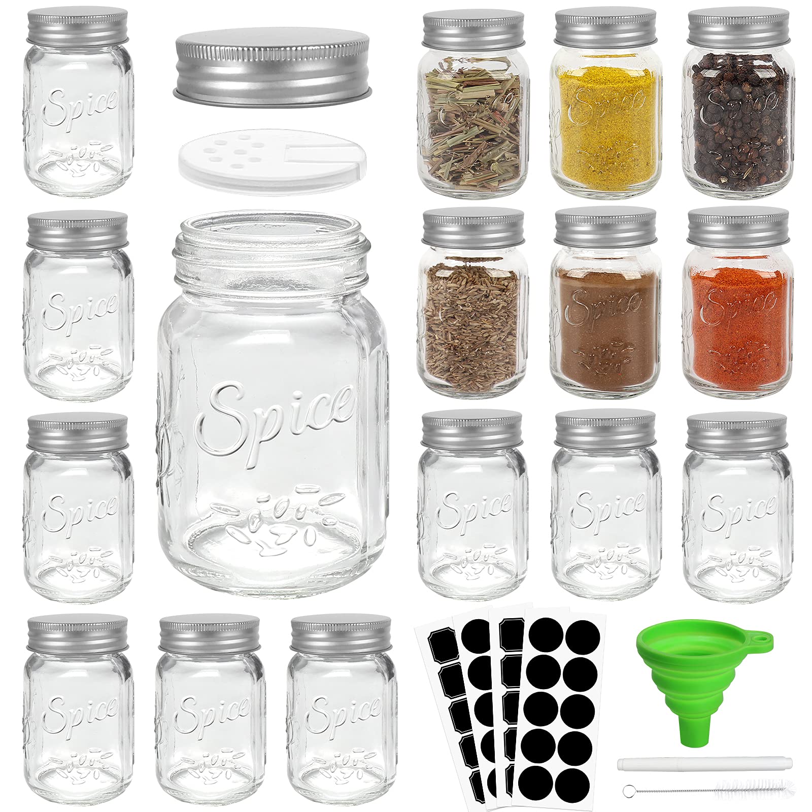Cyclemore 15 Pack 4Oz Glass Mason Spice Jars, Round Spice Containers With Silver Metal Caps And Pour/Sift Shaker Lids-40Pcs Labe