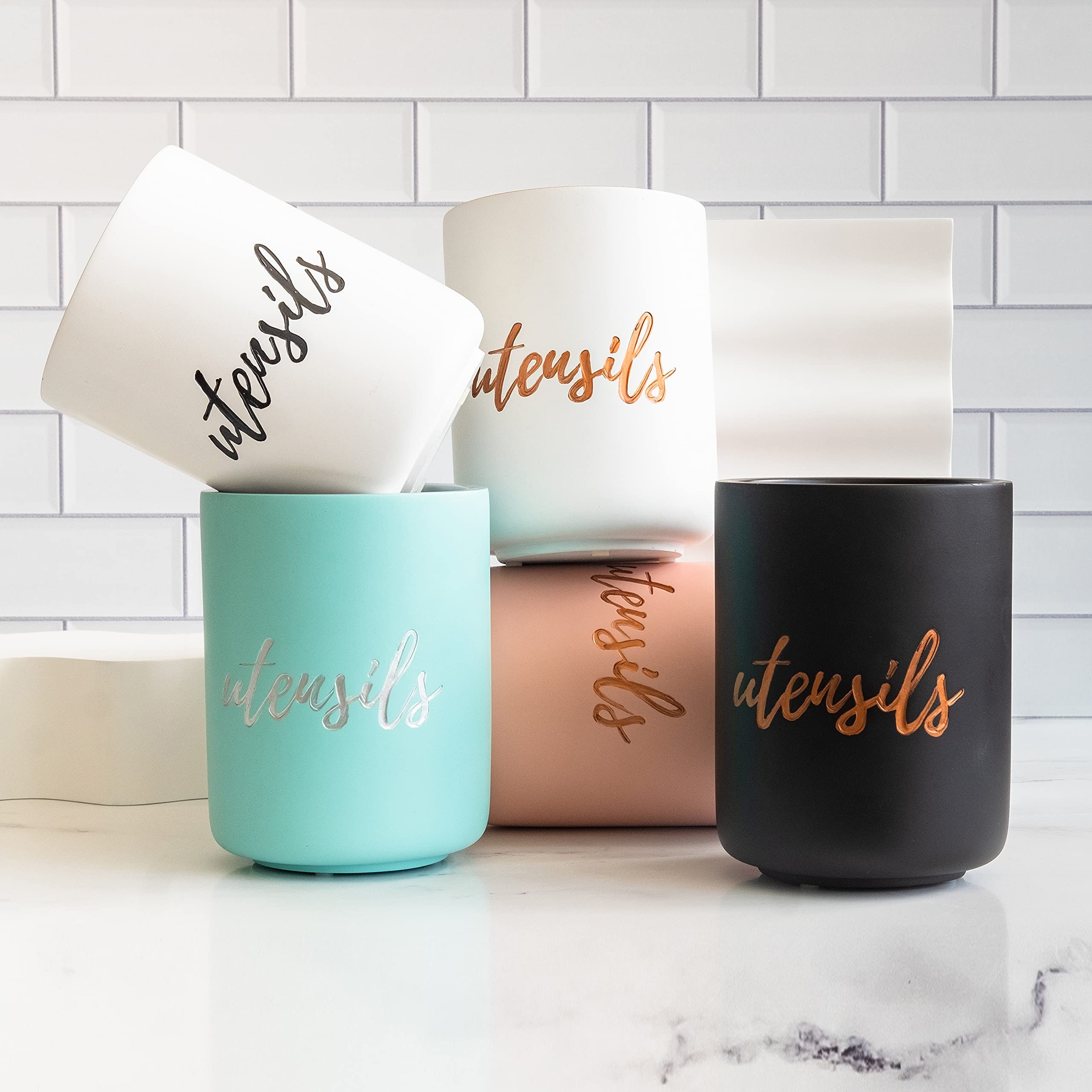 White Ceramic Utensil Holder With Interior Copper Finish - Stylish, Sturdy And Large Spatula Holder For Rose Gold Kitchen Access