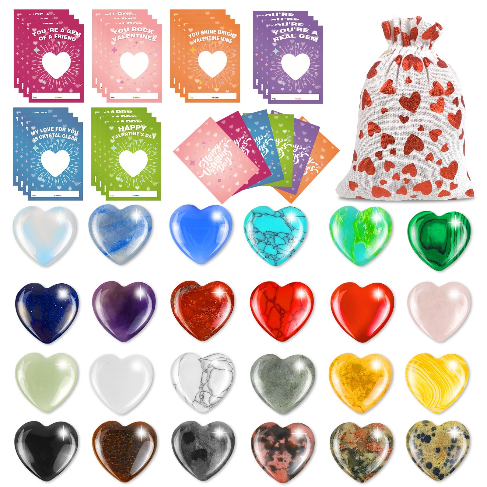 Valentines Day Cards For Kids School, 24 Set Valentines Day Gifts For Kids Classroom Exchange Gifts With Natural Heart Shape Gem