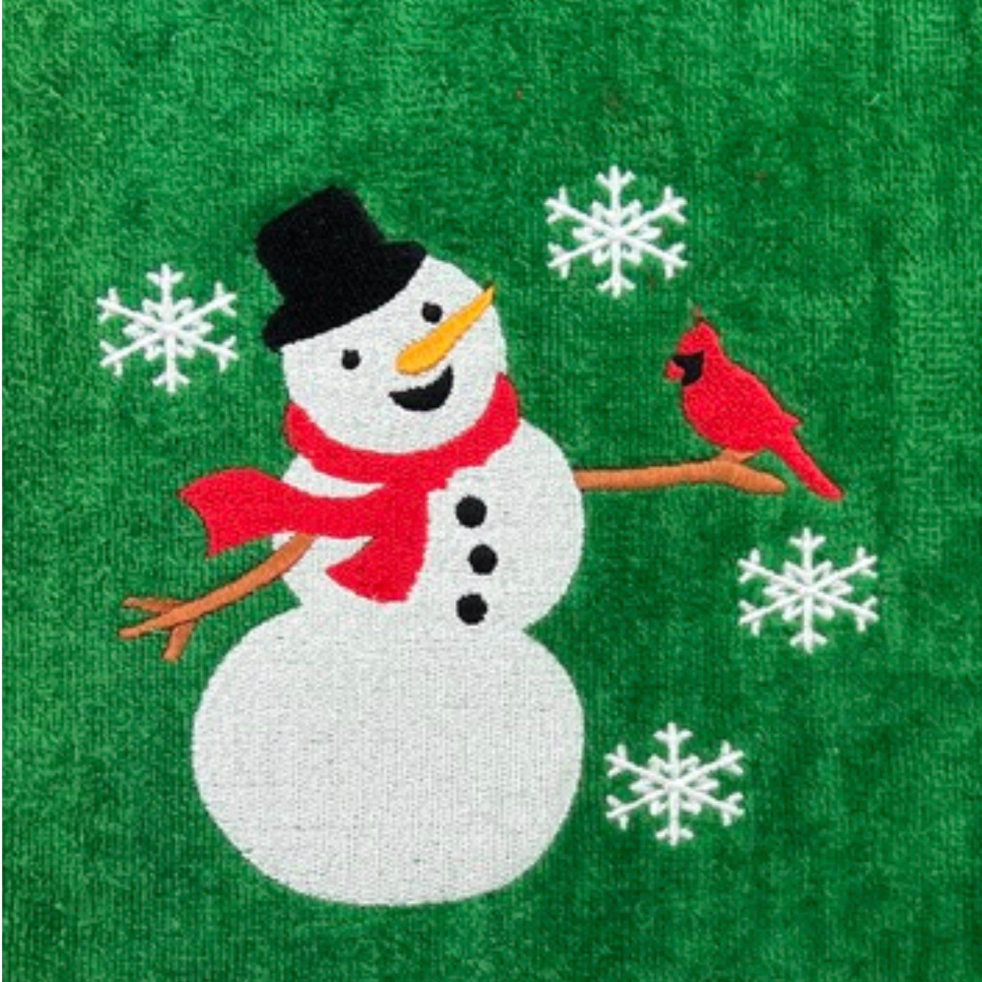 Serafina Home Holiday Christmas Bath Hand Towels, Embroidered Happy Snowman With Cardinal Friend With A Stitched Hem On Green, 2