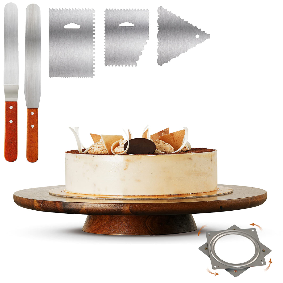 Tidita 13'' Acacia Cake Stand Rotating - Rustic Cake Stand Set Turntable With 2 Icing Spatulas, 3 Smoothers - Wooden Revolving S