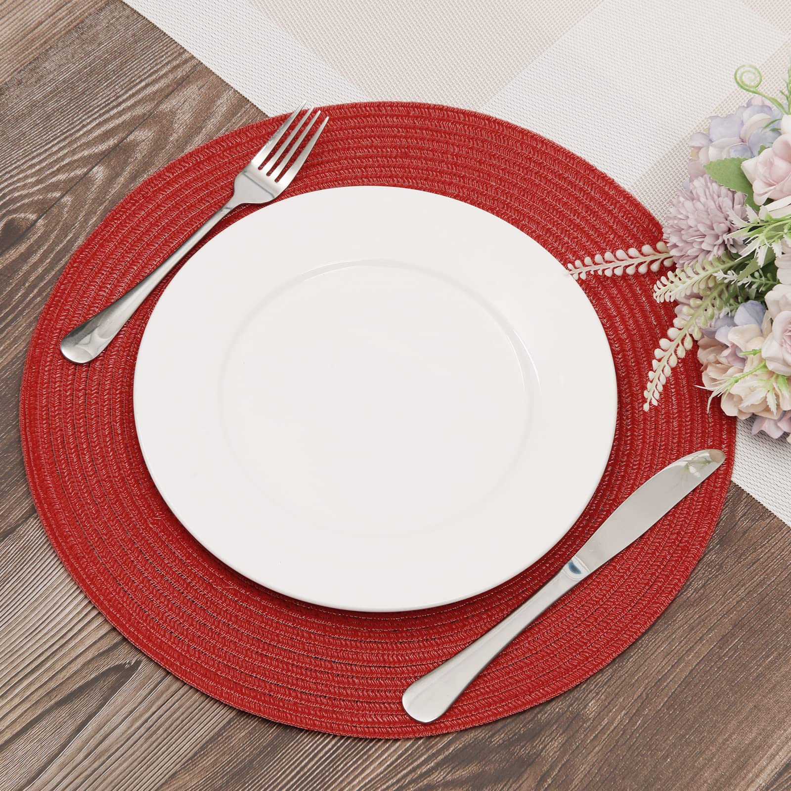Shacos Round Braided Placemats Set Of 8 Washable 15 Inch Round Table Mats Woven Place Mats For Dining Table (Red, 8)