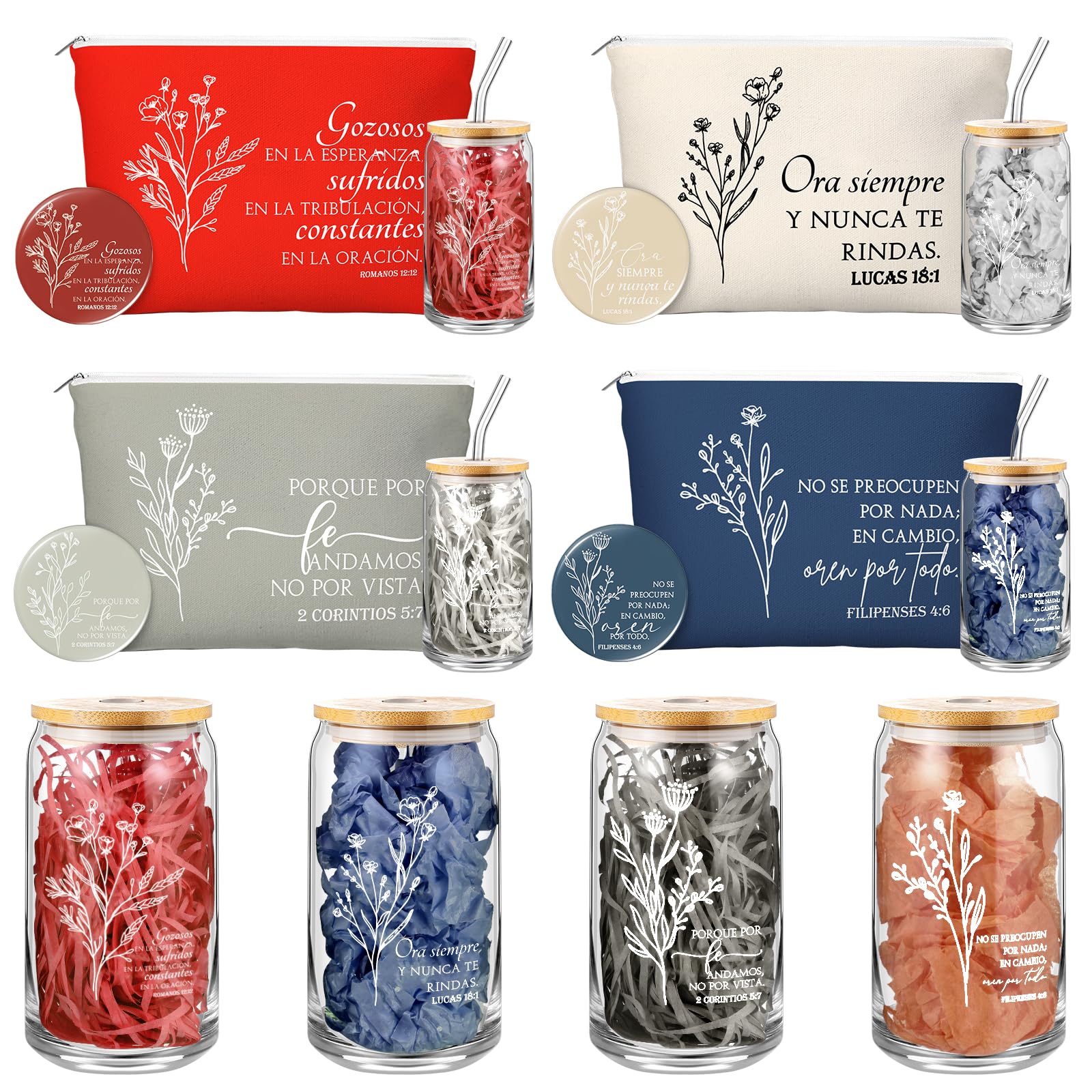 Fumete 4 Set Christian Gifts for Women Bulk Religious Makeup Bag Glass Bible Verse Cup Mini Christian Compact Mirror Regalos Cri