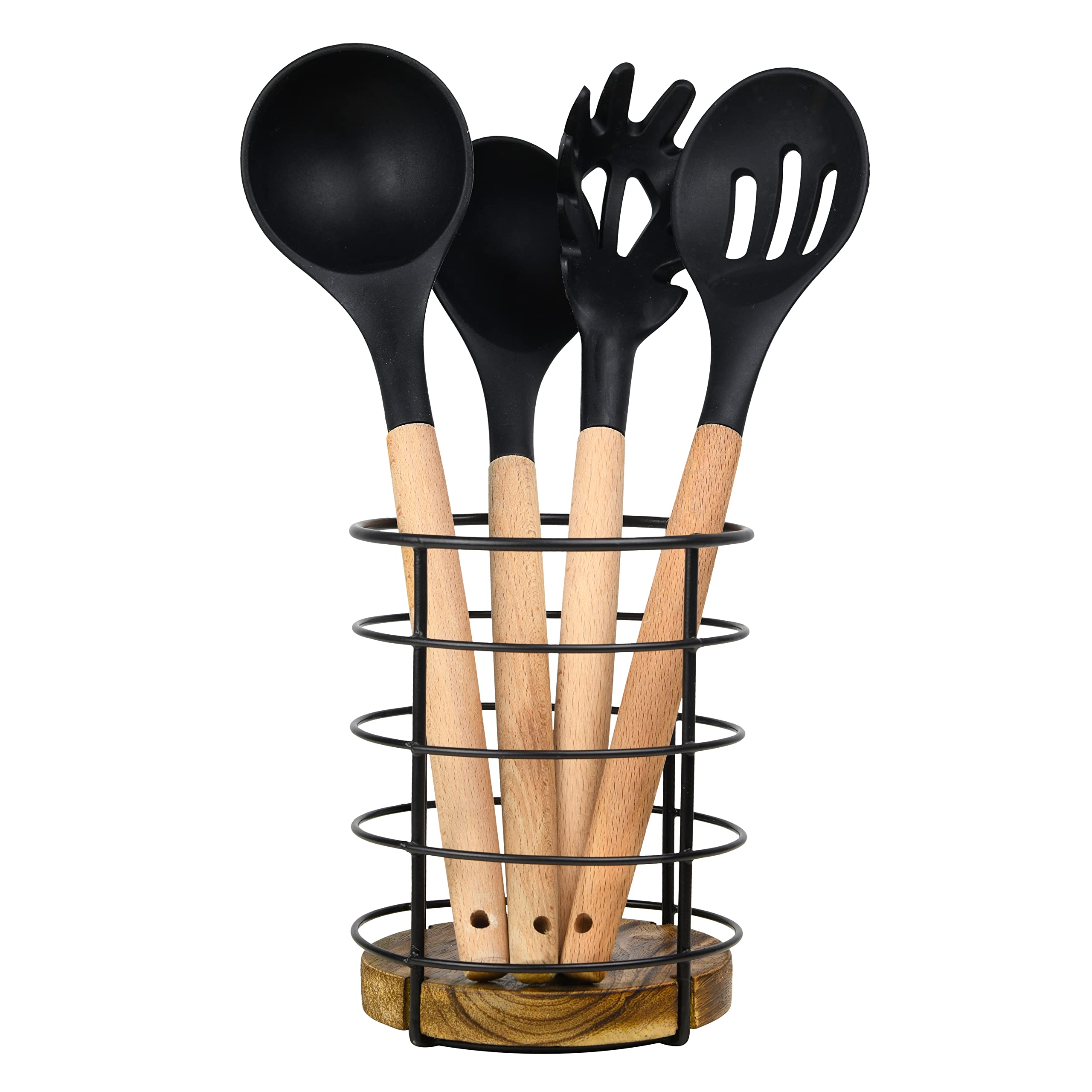 Tribello Modern Farmhouse Utensil Holder For Kitchen Counter Wooden And Wire Cooking Utensil Holder For Countertop Kitchen Decor