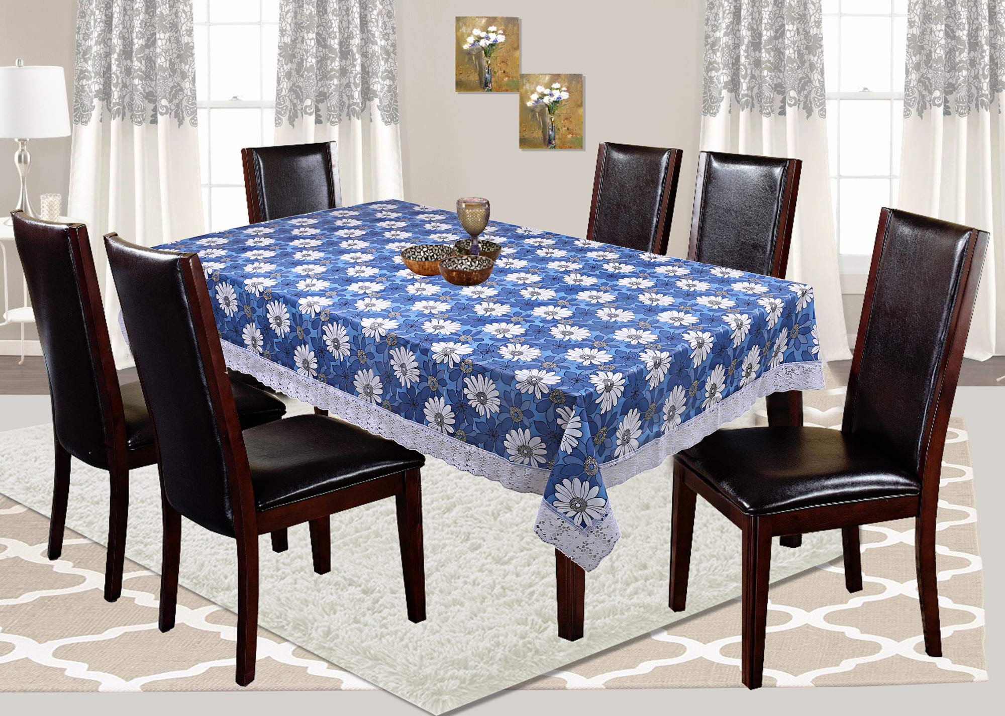 Kuber Industries Flower Design Pvc 6 Seater Dining Table Cover - Blue, 60 90 Inches - Ctktc021836