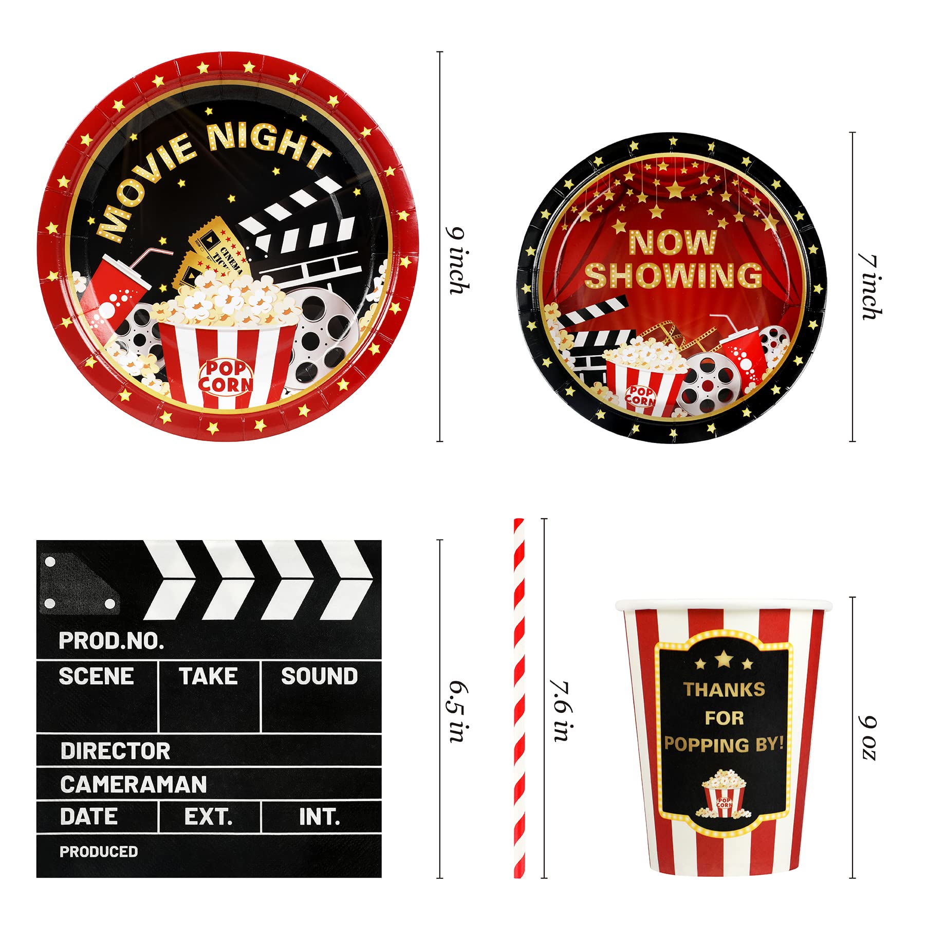 Recheel Movie Night Party Supplies Decorations, Movie Theme Birthday Paper Plates And Napkins Set With Cups And Straws For 24 Gu