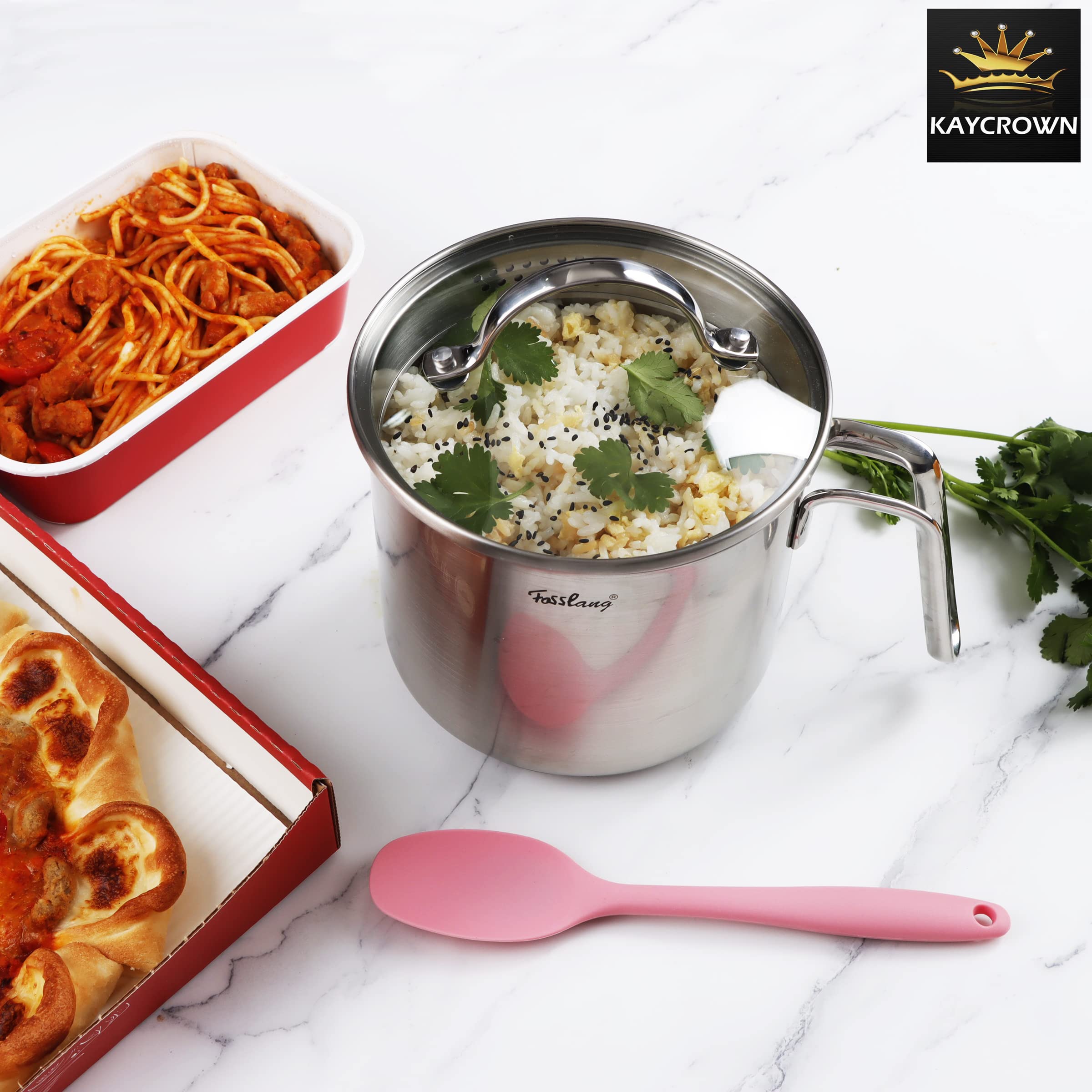 KAYCROWN 1.5 Quart Stainless Steel Saucepan with Glass Lid, Straining Cover & Pour Spouts - Silver, Model KAYC0517-SP015