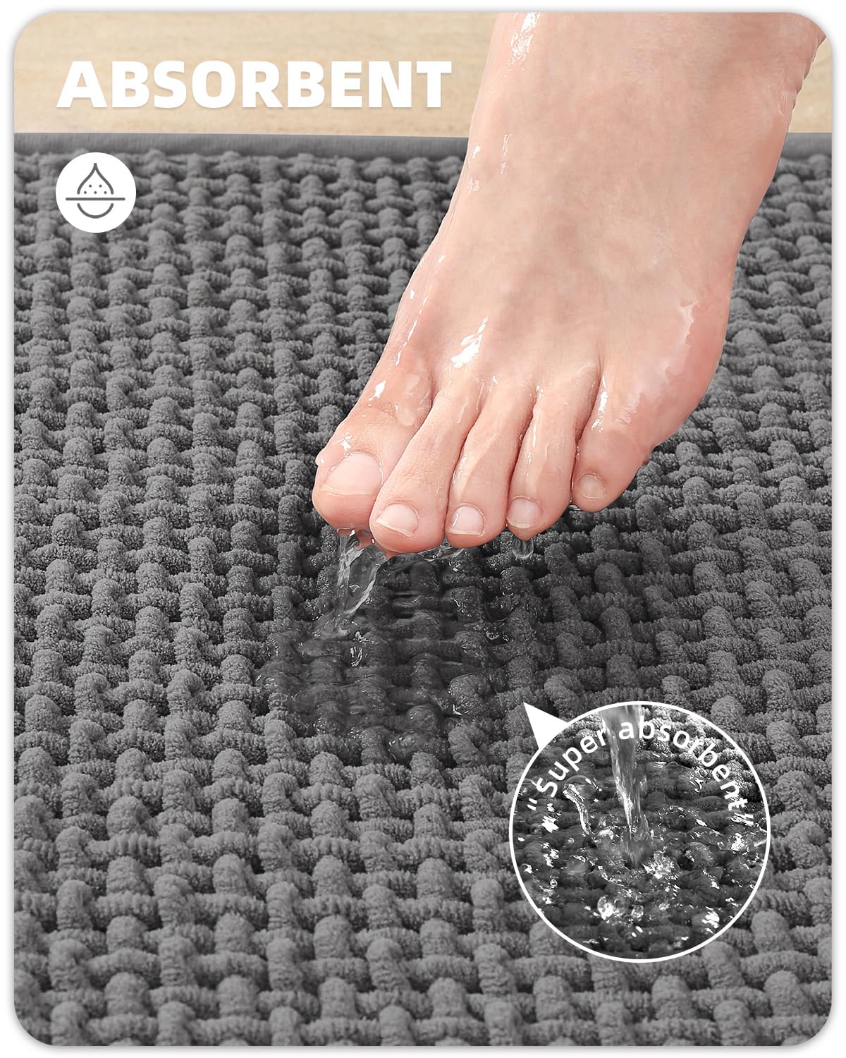 Color&Geometry Chenille Rubber Backed Grey Bathroom Runner- Non Slip, Absorbent, Quick Dry, Washable- 17''X47'' Long Bathroom Ru