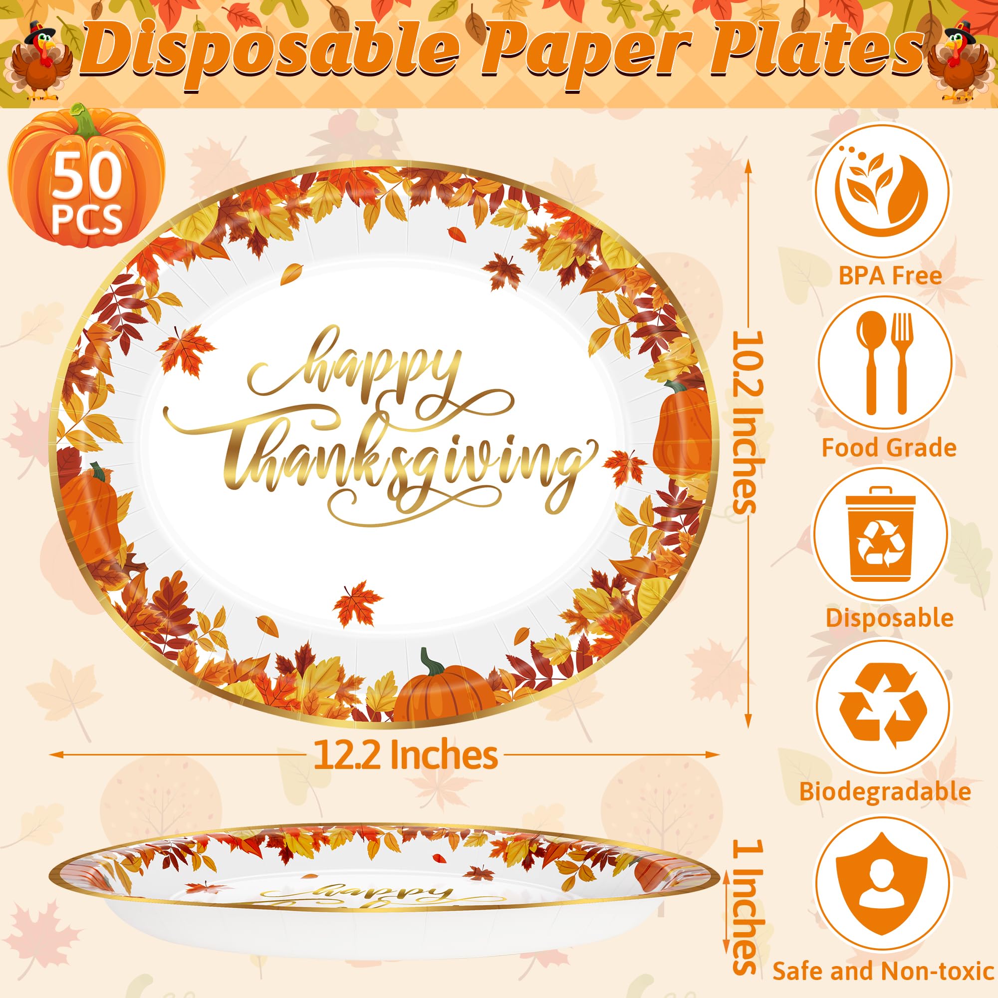 50 Pcs Thanksgiving Plates, 12.2    10.2 Inches Thanksgiving Oval Plates, Foil Gold Border Heavy Duty Fall Tableware, Disposable