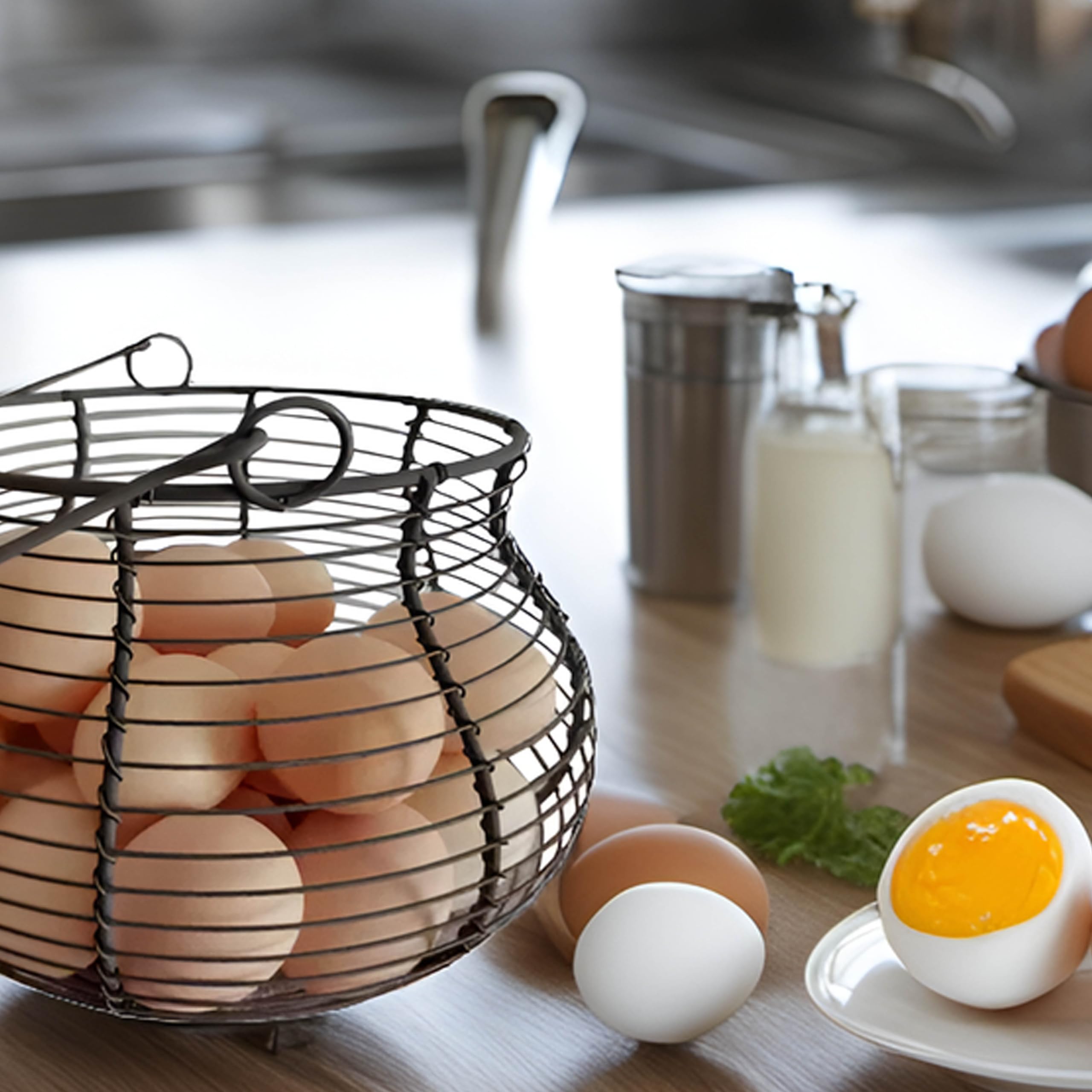 Lincountry Farmhouse Round Wire Egg Baskets For Fresh Egg With Handle,Metal Egg Collecting Basket For Gathering Fresh Egg,Basket