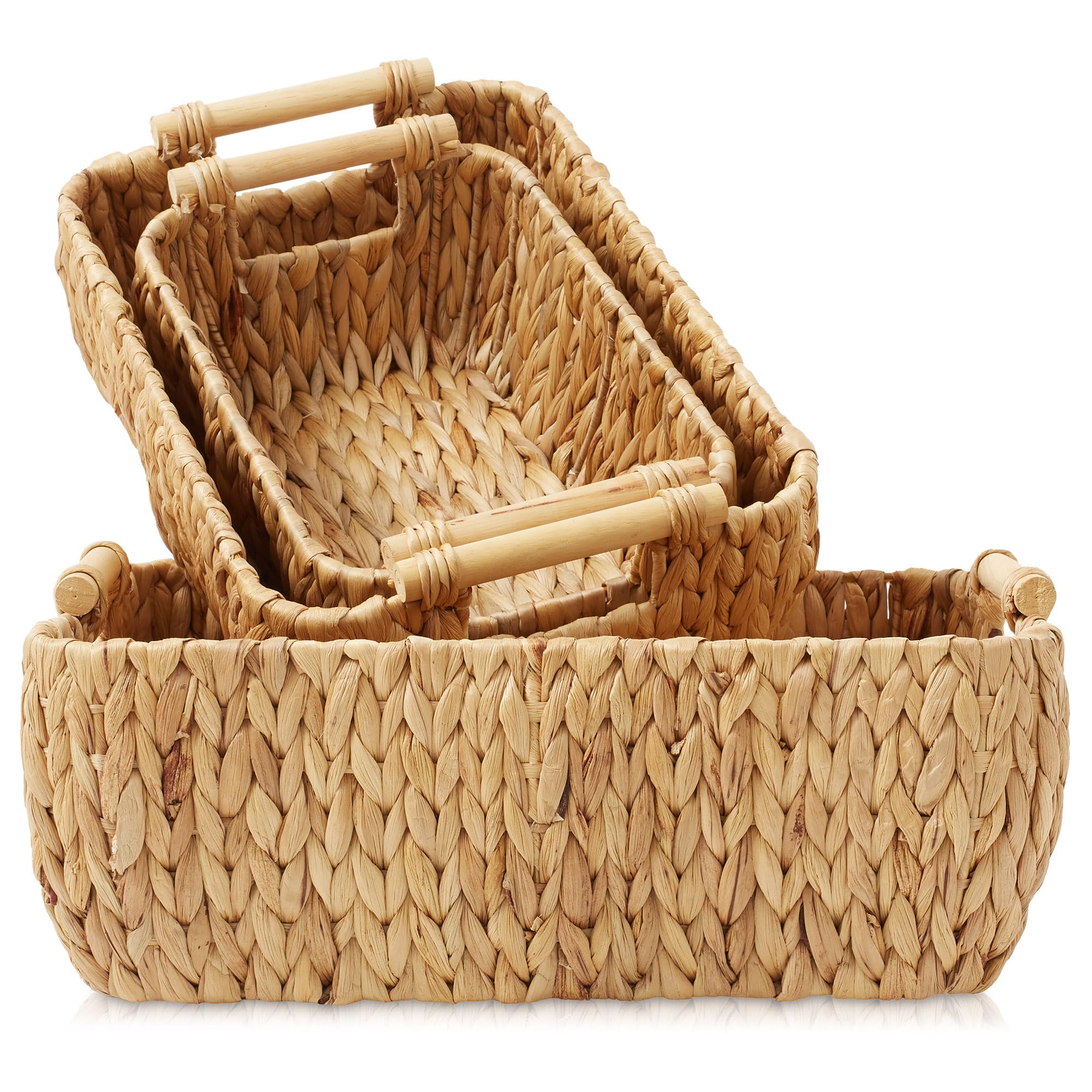 Casafield Set Of 3 Water Hyacinth Oval Storage Baskets With Wooden Handles - Small, Medium, Large - Woven Nesting Basket Organiz