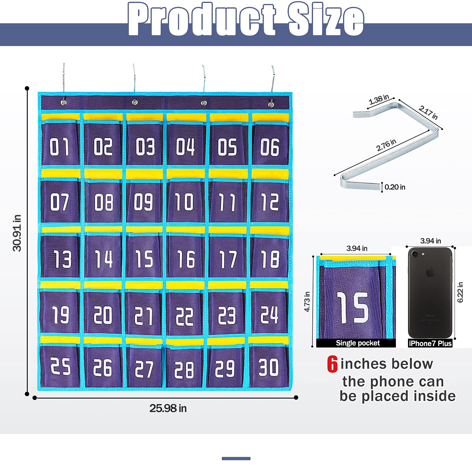 Loghot Numbered Classroom Sundries Closet Pocket Chart For Cell Phones Holder Wall Door Hanging Organizer (30 Pockets Blue)