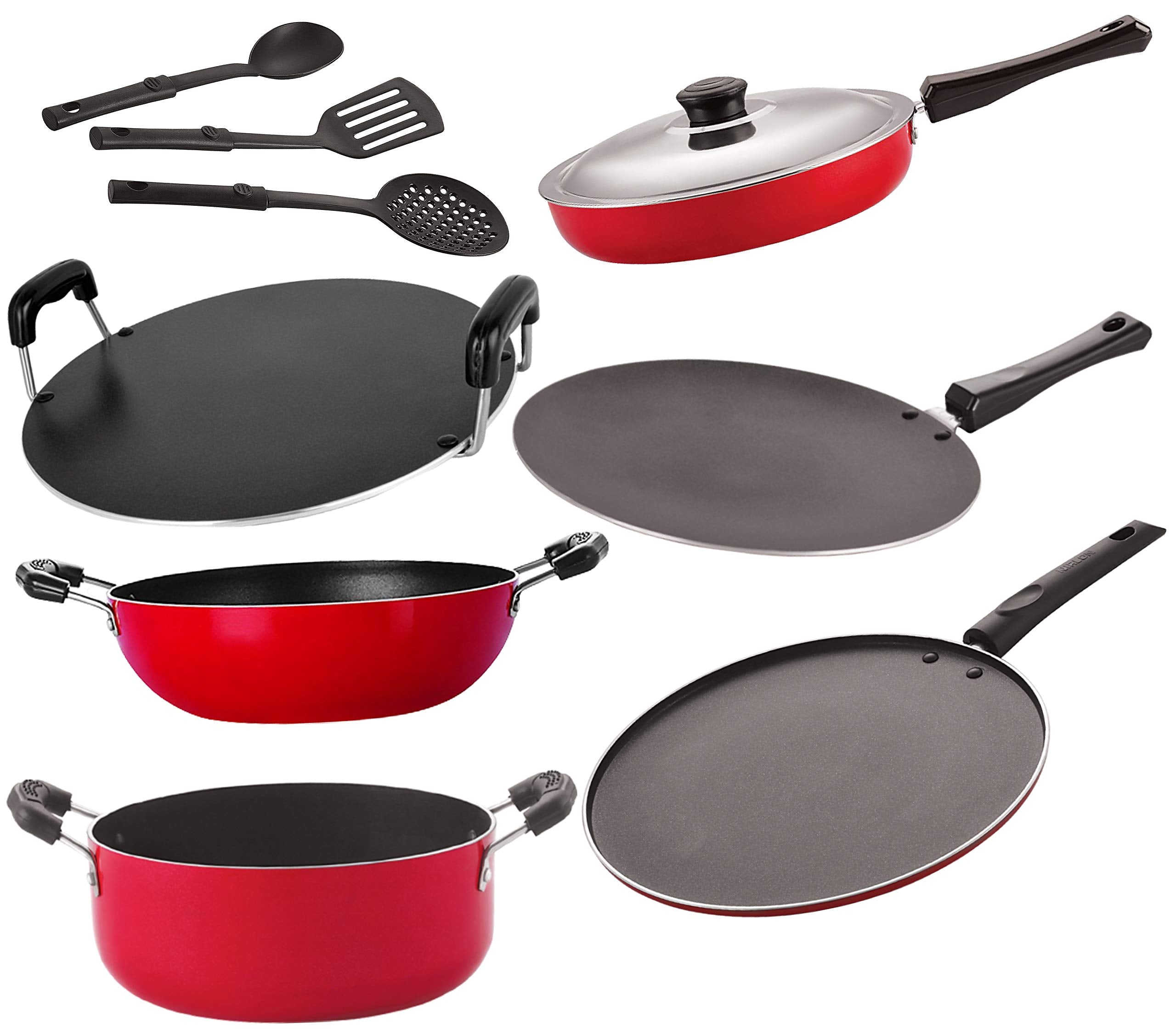 Nirlon NonStick Aluminium Heat Resistance Cookware Combo Set, 9  Piece [26_Ct_Fp13_Kd12_Rt_Cass20_St11_3Spn]