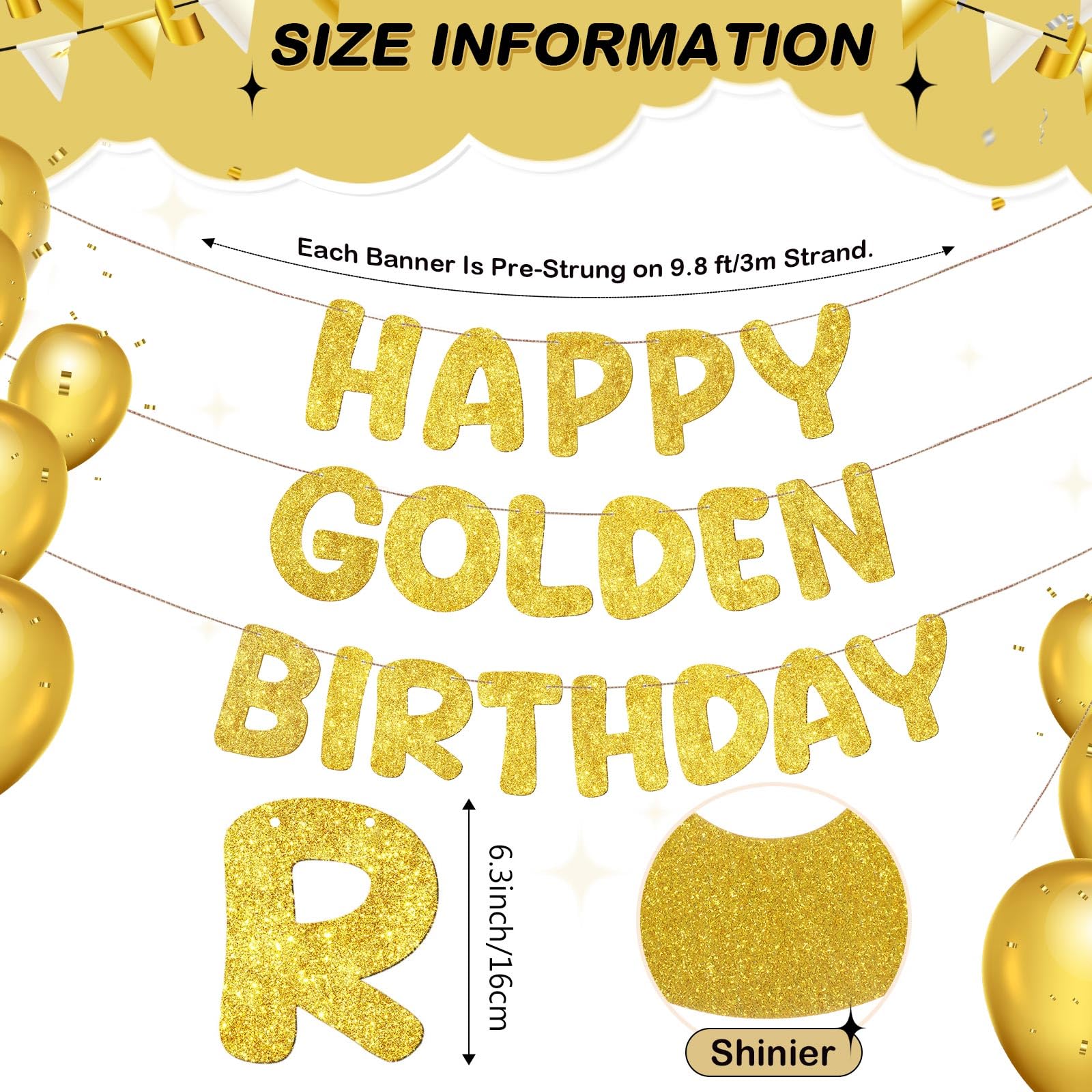 Fulmoon Pre Strung Happy Golden Birthday Banner Glitter Stay Golden Party Decorations for 5th, 21st, 24th, 25th, 28th, 30th, 50t