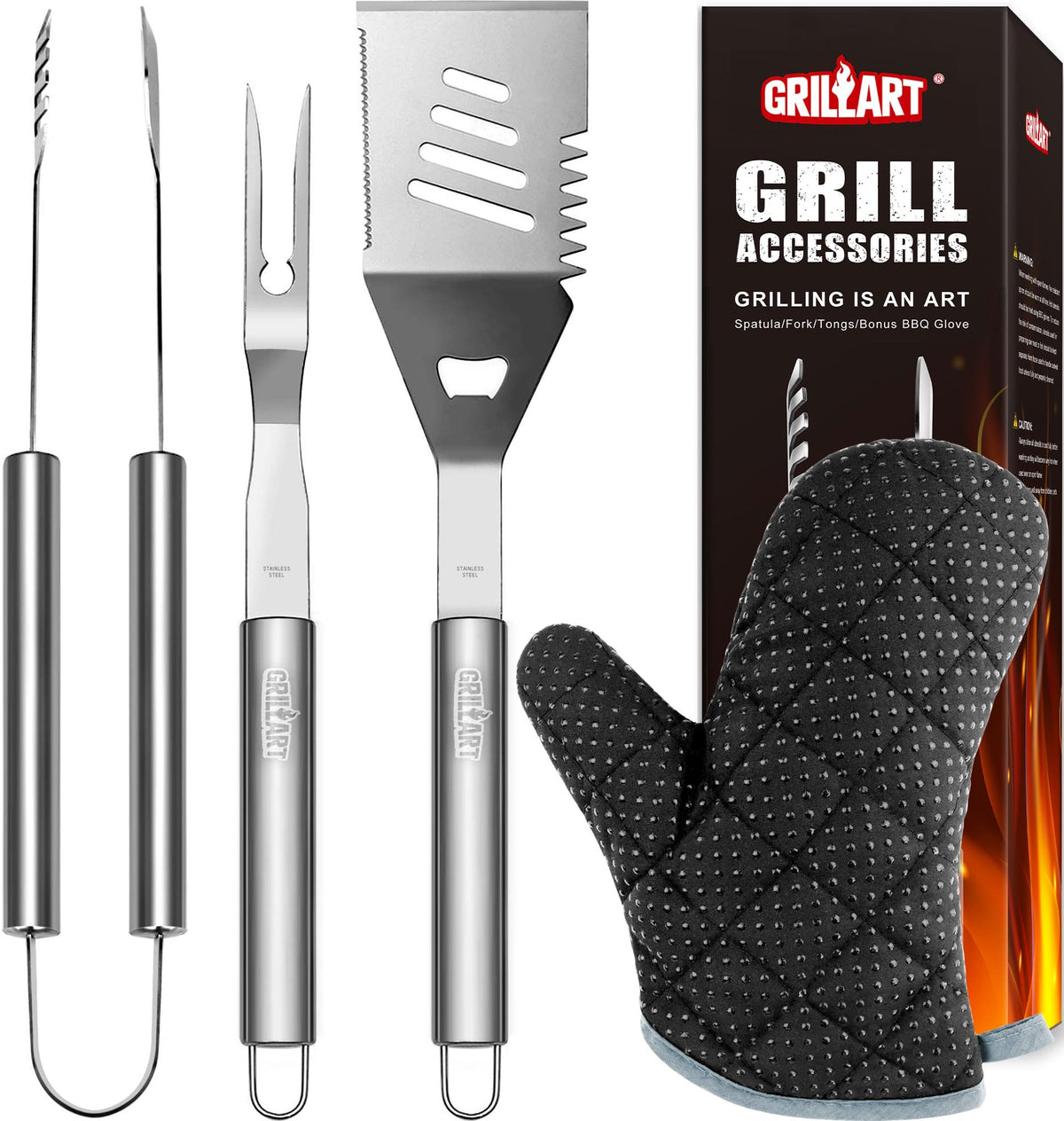 Grillart Grill Tools Grill Utensils Set - 3Pcs Bbq Tools, Stainless Barbeque Grill Accessories -Spatula/Tongs/Fork W/Insulated G