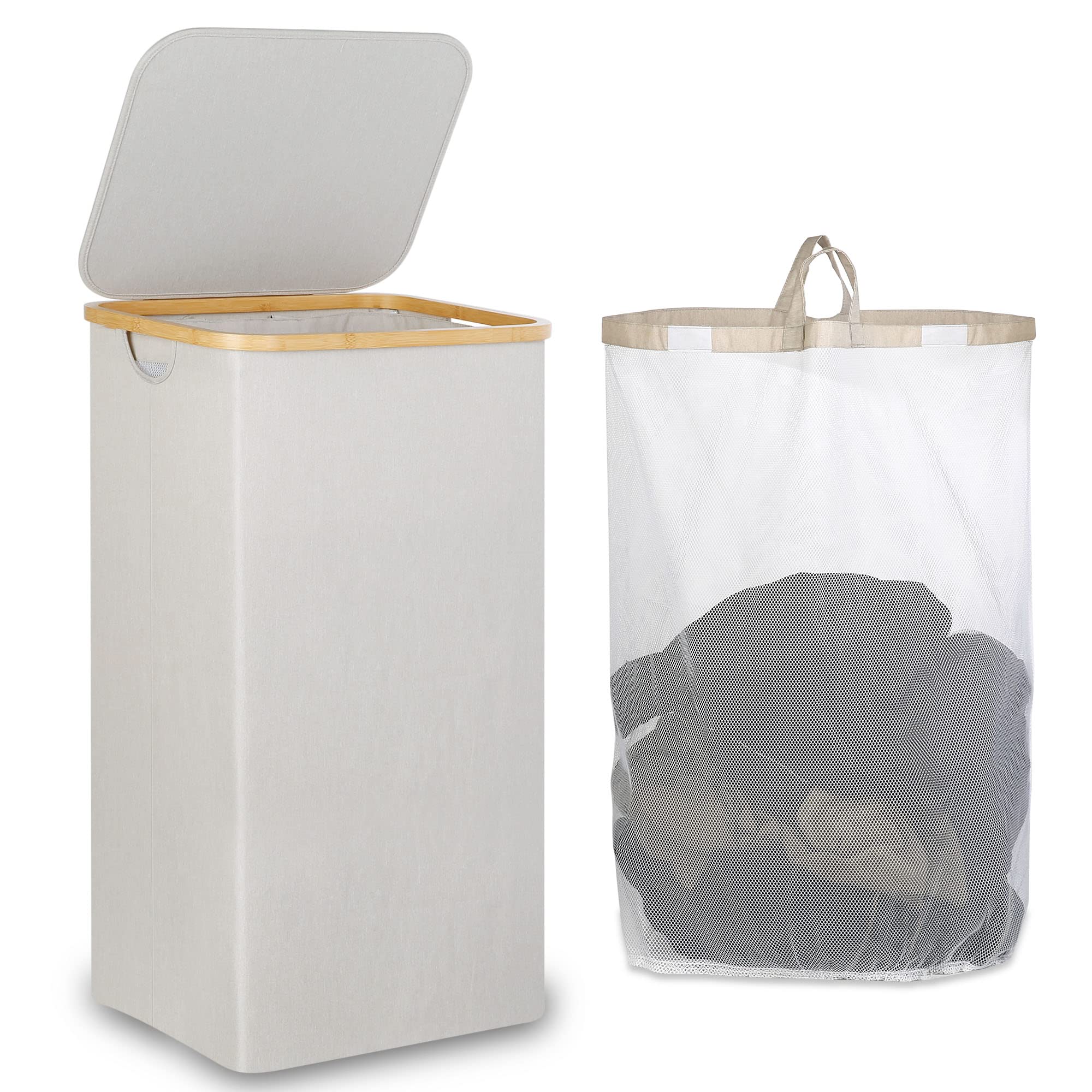 Iegrow Laundry Basket With Lid, 110L Laundry Hamper With Bamboo Handle,Clothes Basket Organizer With Removable Inner Bag For Clo