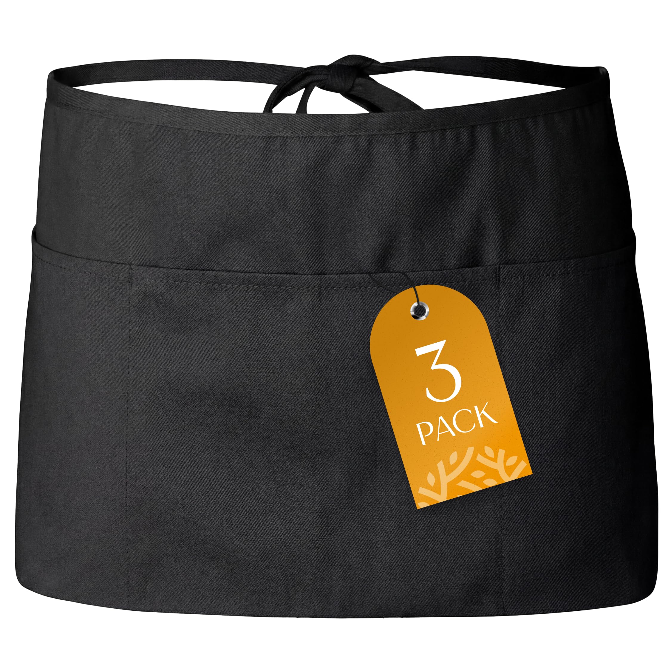 White Classic 3 Pack  Black Server Waist Aprons With 3 Pockets, Waitress Half Apron