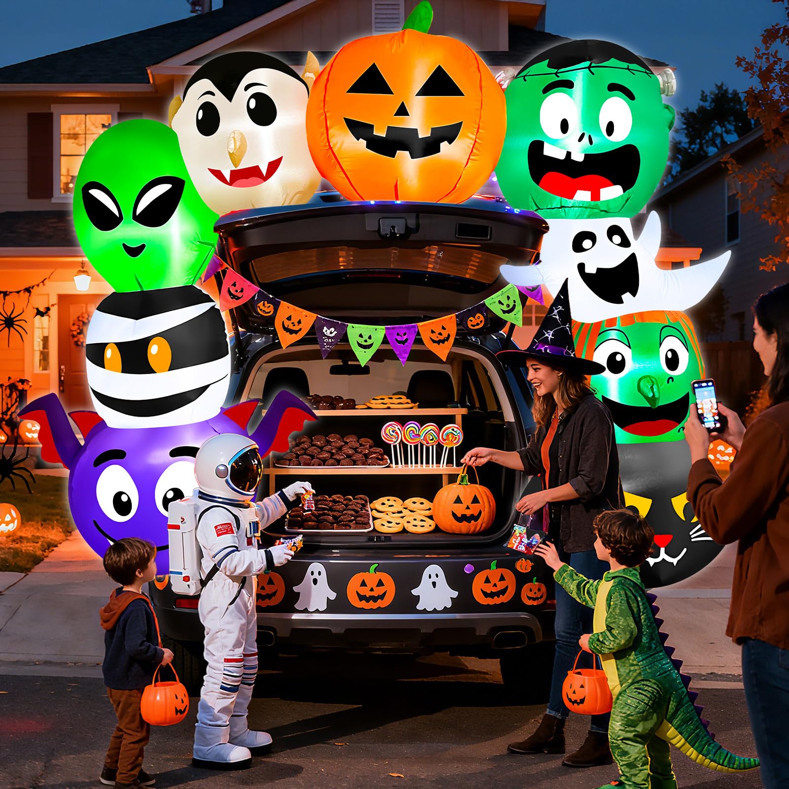 6 FT Halloween Inflatable Trunk or Treat Car Decorations, Blow-Up Car Decoration Arch Stacked with Ghost, Jack-O -Pumpkin, Mummy