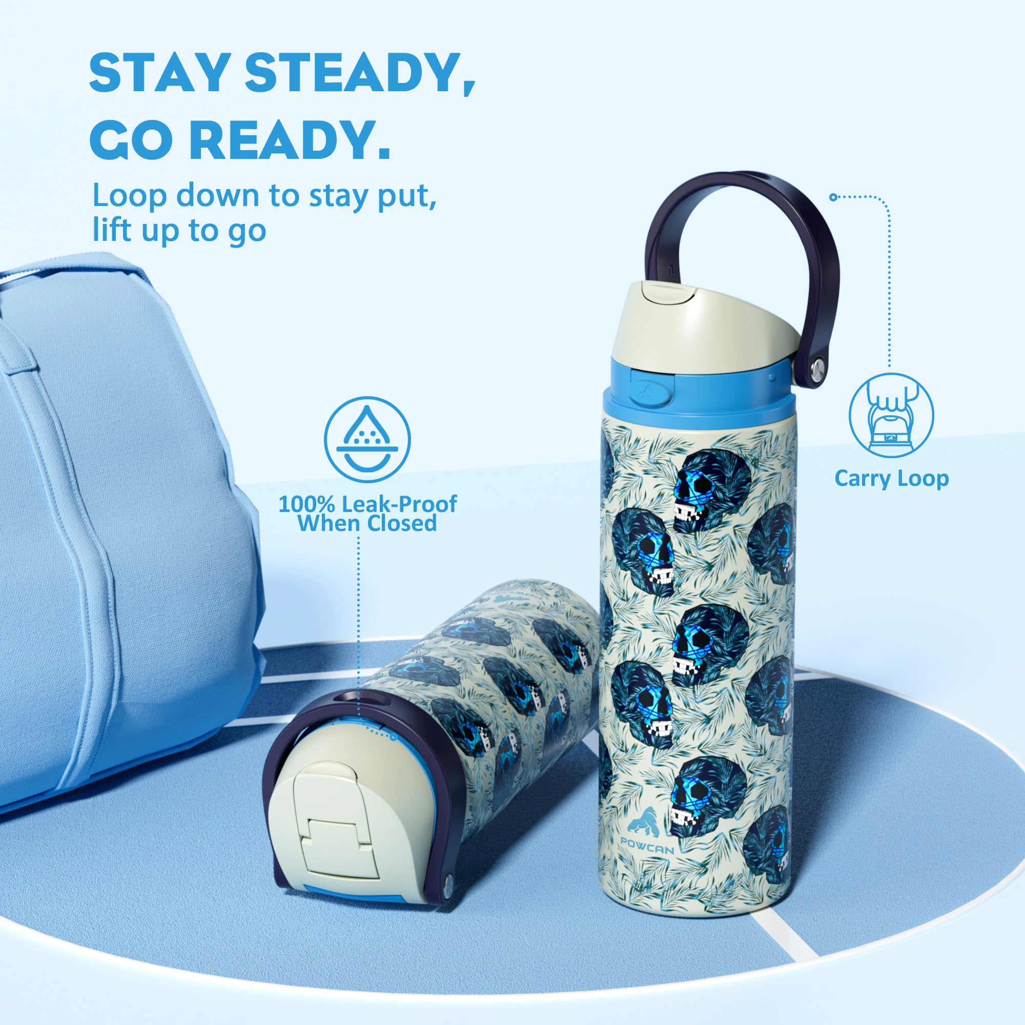 POWCAN 24 oz Insulated Skull Water Bottle: Push-Button Spout & Quick-Flip Straw, Leakproof, Car Cupholder Friendly, Insulated Fl