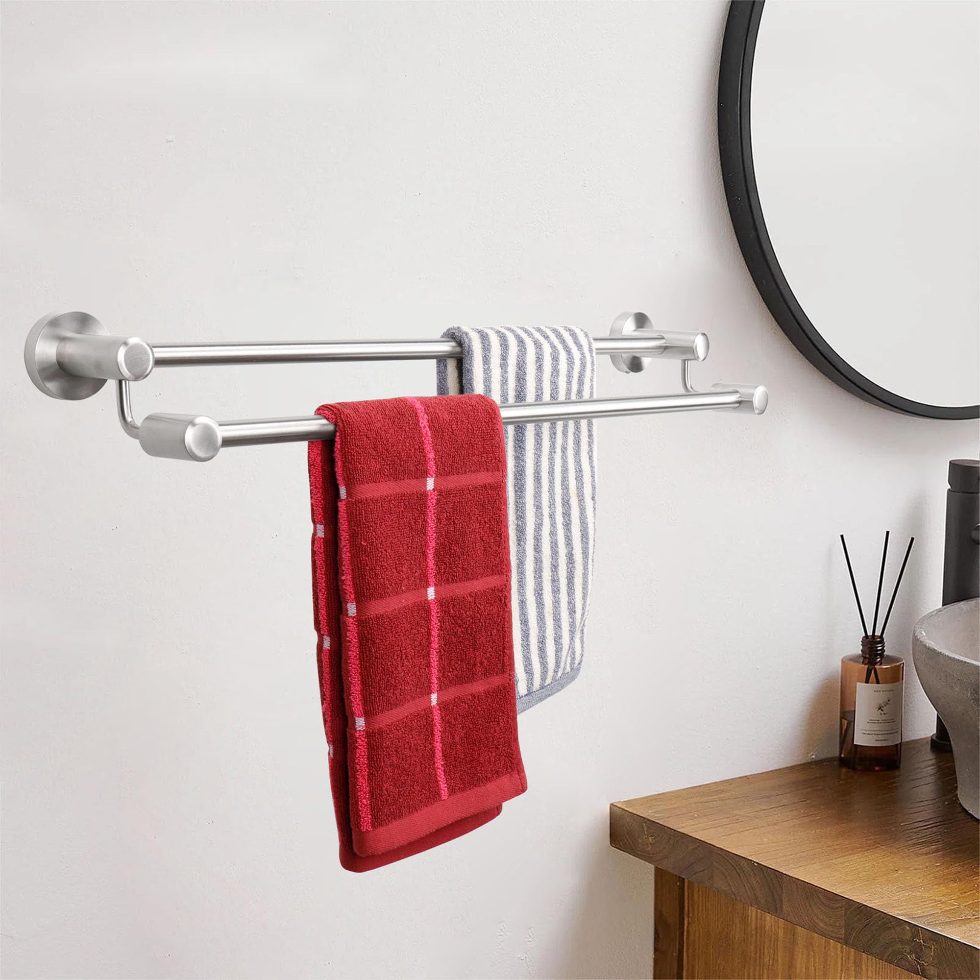 TocTen Double Bath Towel Bar - Thicken SUS304 Stainless Steel Towel Rack for Bathroom  Bathroom Accessories Double Towel Rod Heavy Duty Wall Mounted Towel Holder (Brushed 24IN)