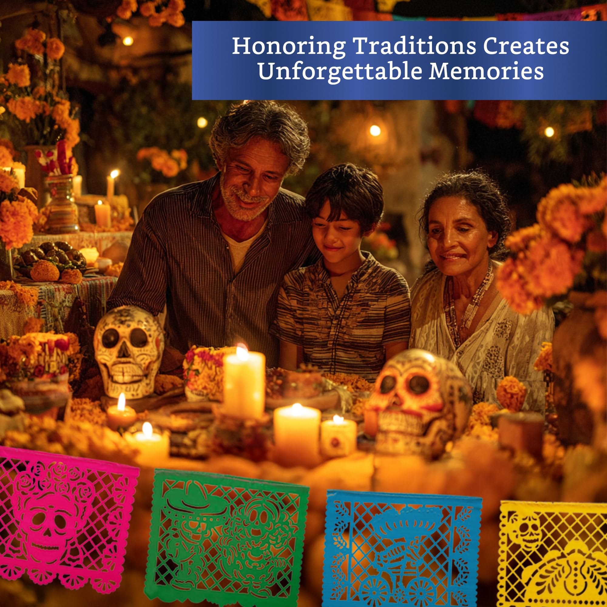 Mexican Party Banners (5 Pack - 10 Plastic Flag Designs per Banner) - Papel Picado Dia de Los Muertos Decorations for Altar - Da