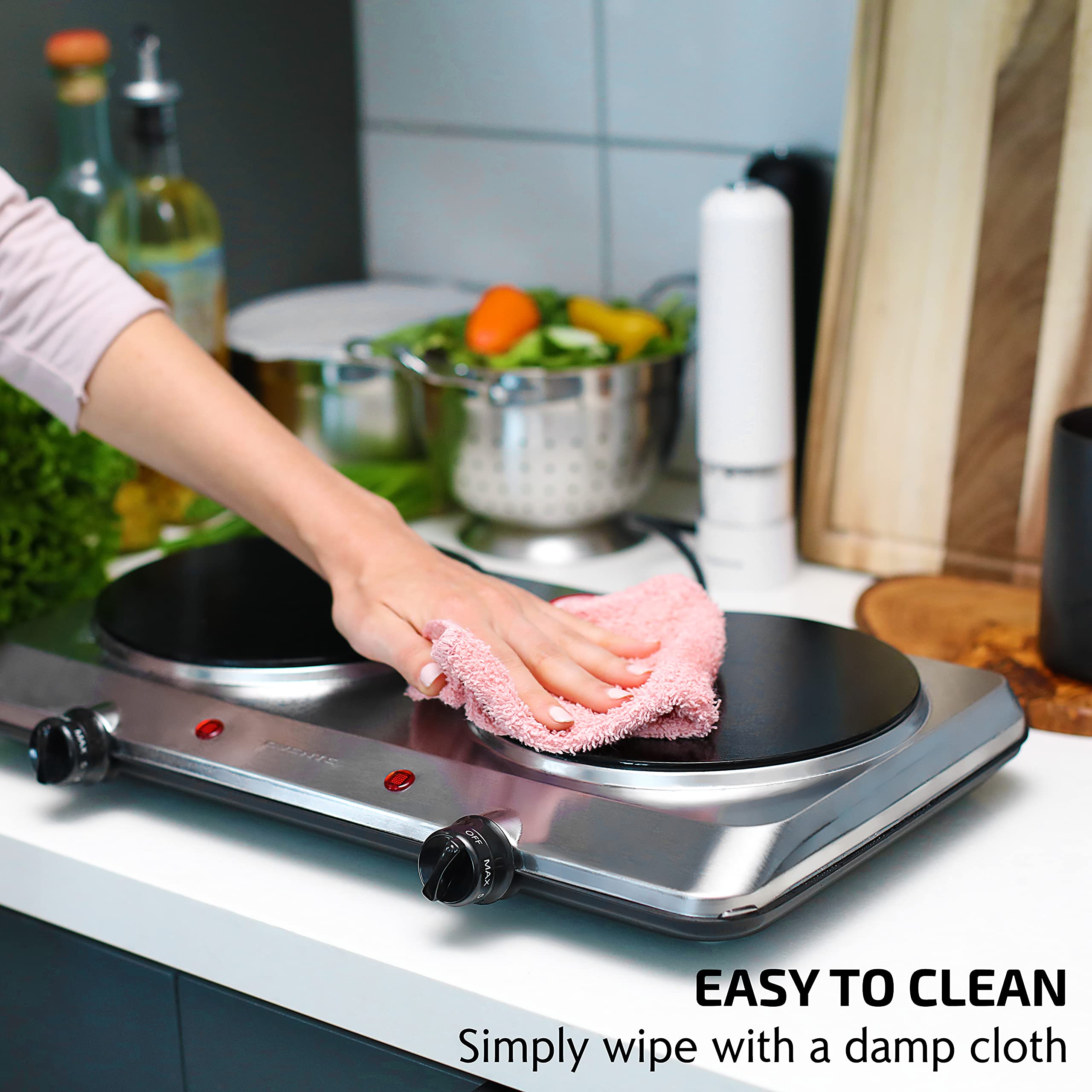 OVENTE Countertop Infrared Double Burner  1500W Electric Hot Plate and Portable Stove with 7.5 Ceramic Glass Cooktop  6 Level Temperature Setting and Easy to Clean Base  Silver BGI202S