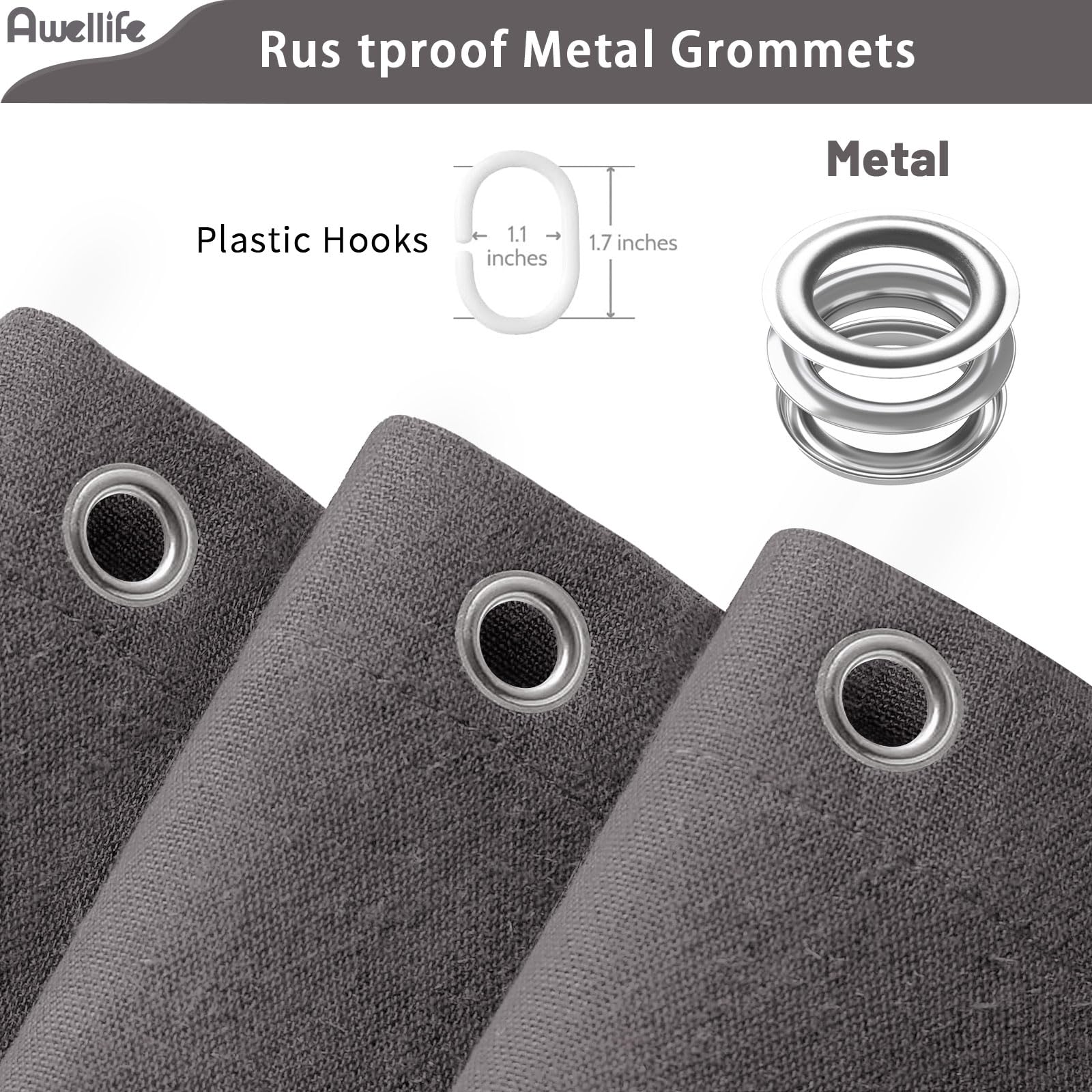 Awellife Grey Linen Shower Curtain For Bathroom Natural Cotton Cloth Fabric Farmhouse Boho Shower Curtain With 12 Durable Hooks