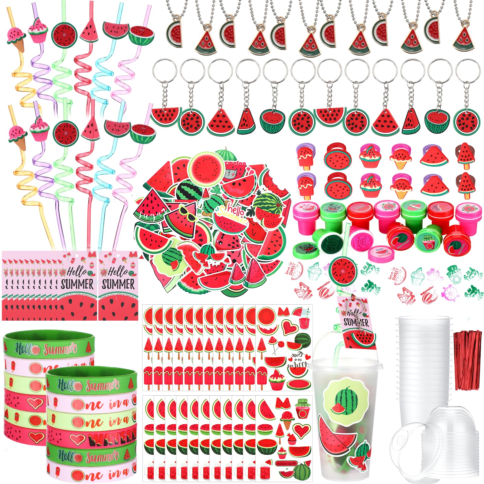 Landical 159 Pcs Watermelon Party Favors Gifts Set with Cup Straws Bracelets Stickers Keychain Rings Stampers Pendant Cards Idea