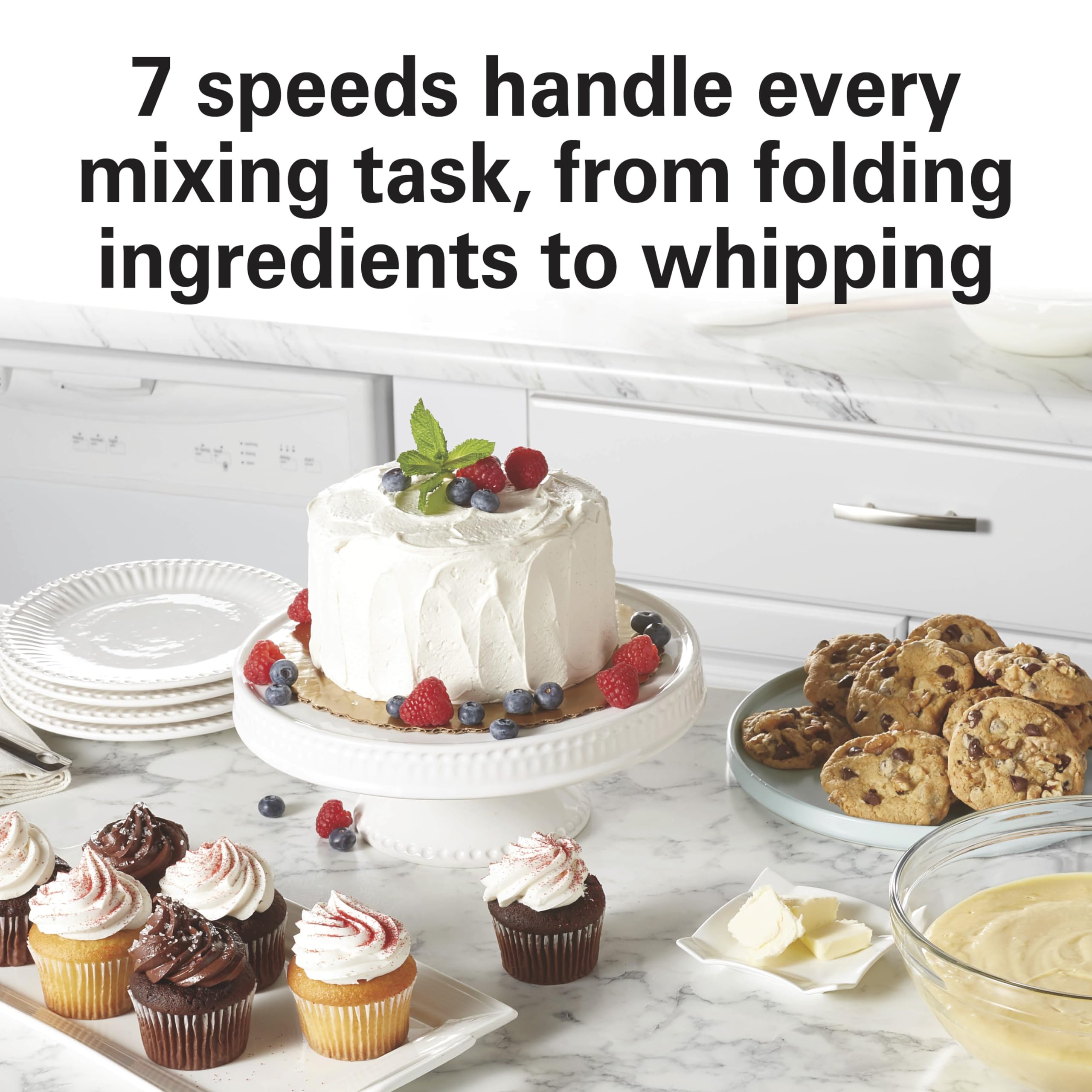 Hamilton Beach Electric Stand Mixer, 4 Quarts, Dough Hook, Flat Beater Attachments, Splash Guard 7 Speeds With Whisk, Black