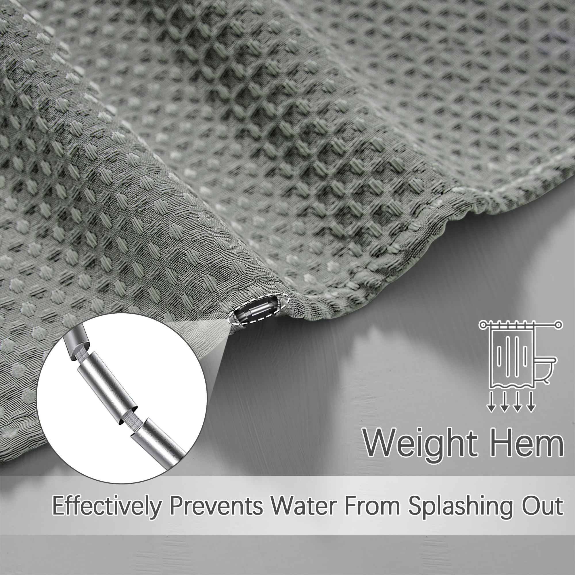 Pangsinne Grey Shower Curtain Waffle Weave Textured Fabric Heavy Duty Shower Curtain Set For Bathroom, Waterproof 256Gsm Weighte