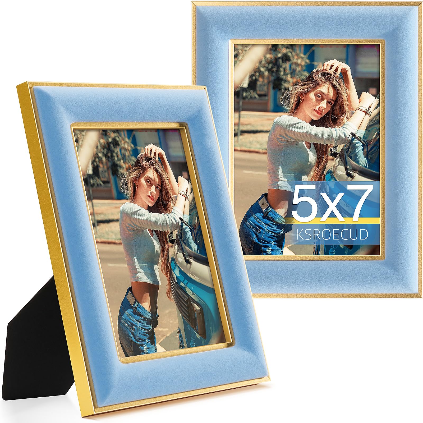 KSROECUD 5x7 Velvet Picture Frame, Spruce Blue Photo Frames with Modern Simple Metallic Gold Border, HD Real Glass Horizontal & 