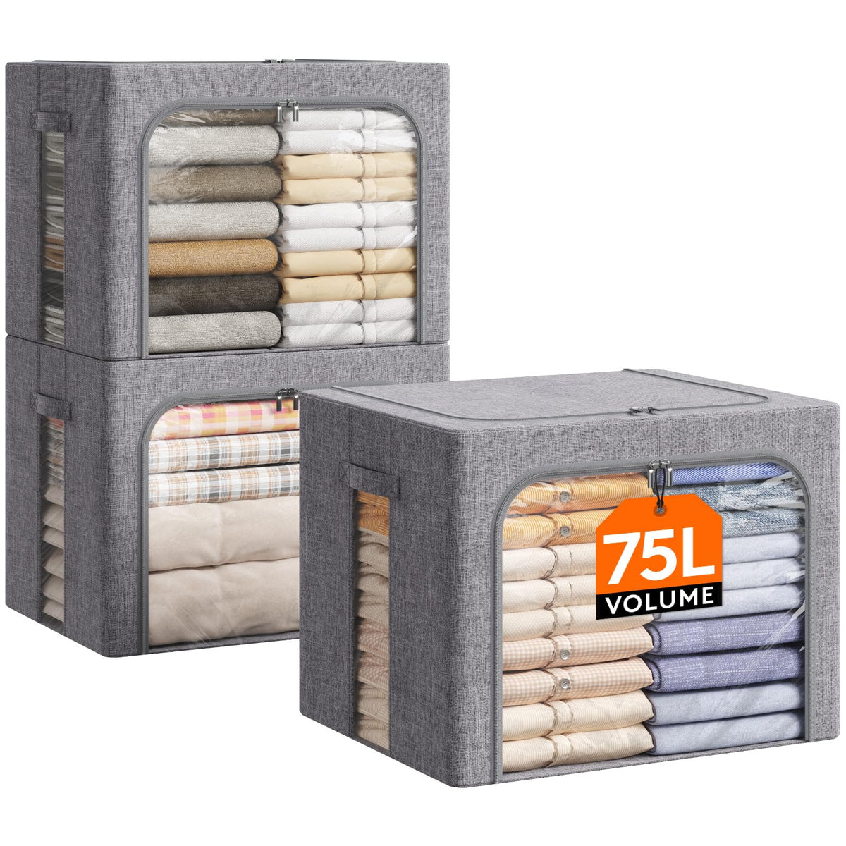 Lifewit Clothes Storage Bins with Metal Frame, Stackable Storage Box, Foldable Clothing Storage Bins with Lids, 75L Storage Bags