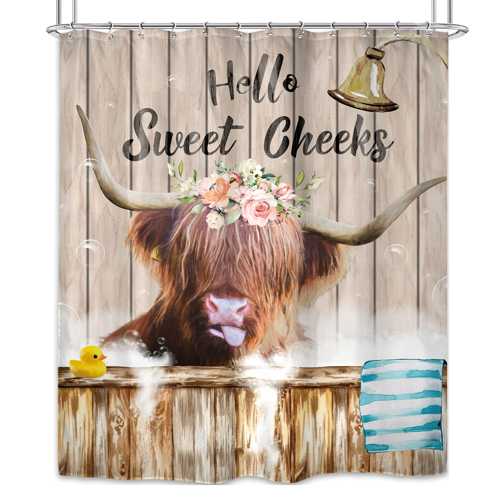 Cinbloo Farmhouse Highland Cow Shower Curtain Country Funny Western Cattle Bull Bathroom Curtain Cute Farm Animal Flower Bath Cu